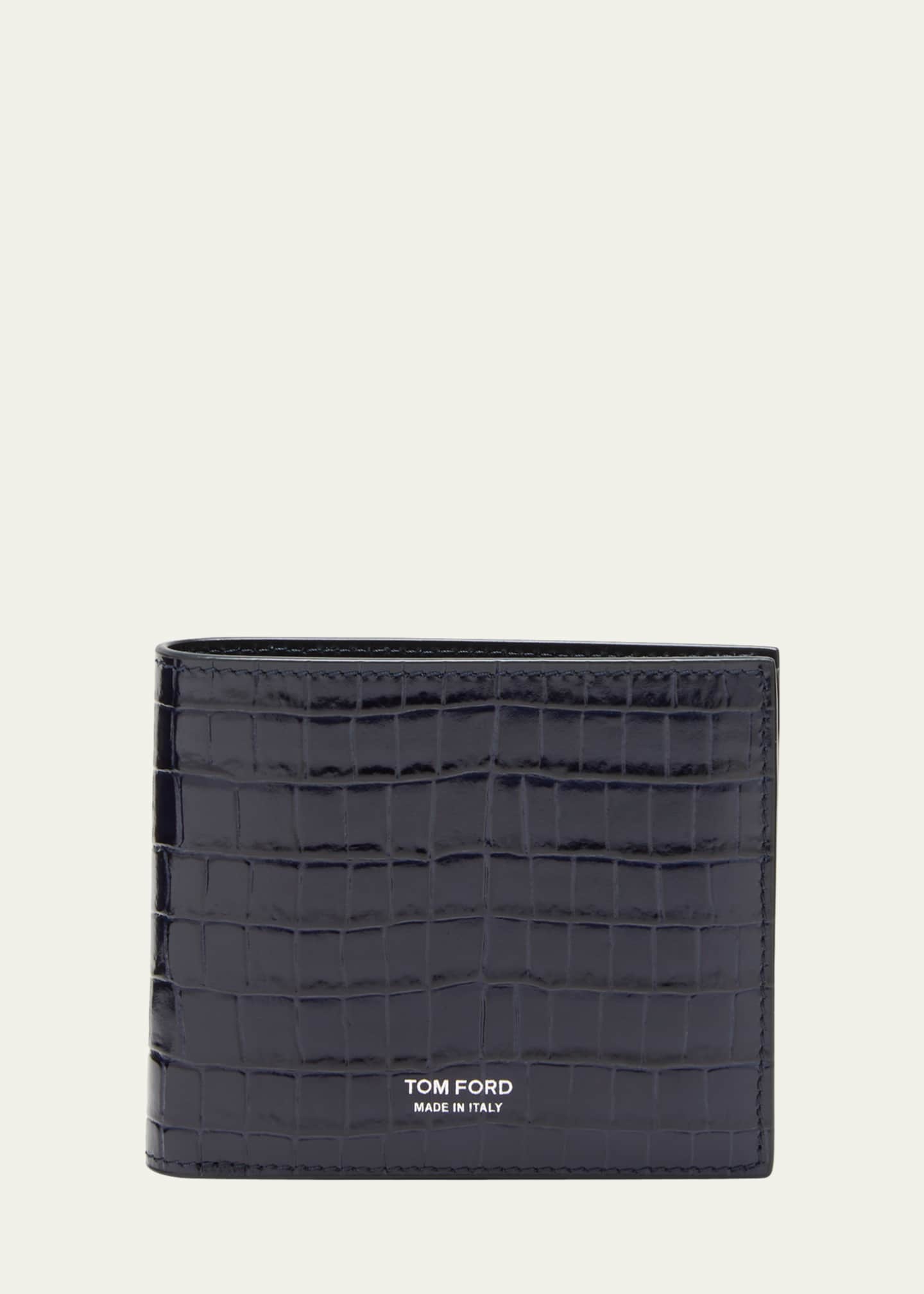 Croc Effect Leather Card Holder in Black - Saint Laurent