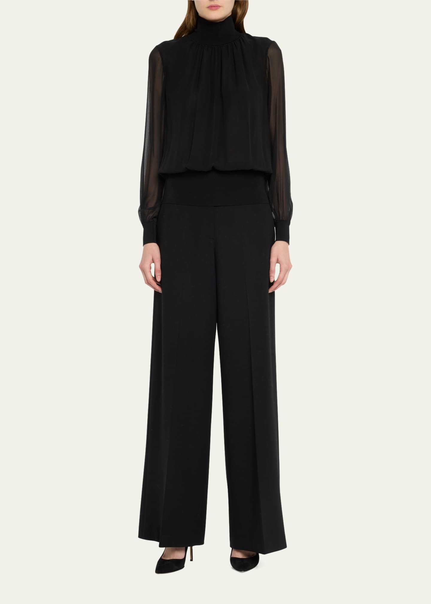 Woven Sleeves Taffeta Silk and Net Blouse in Black : UAC158