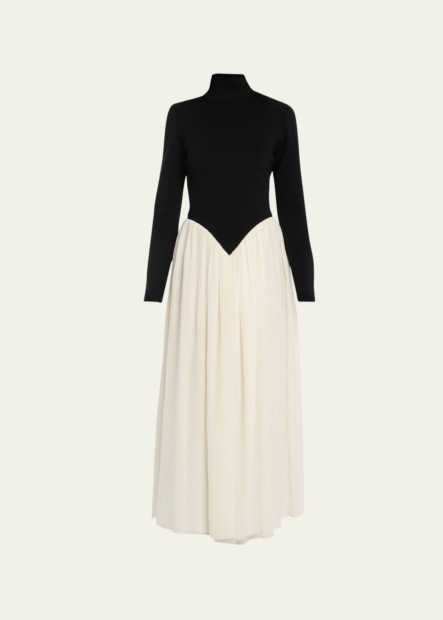 Chloe Turtleneck Long Sleeve V Waist Gauze Fit Flare Gown