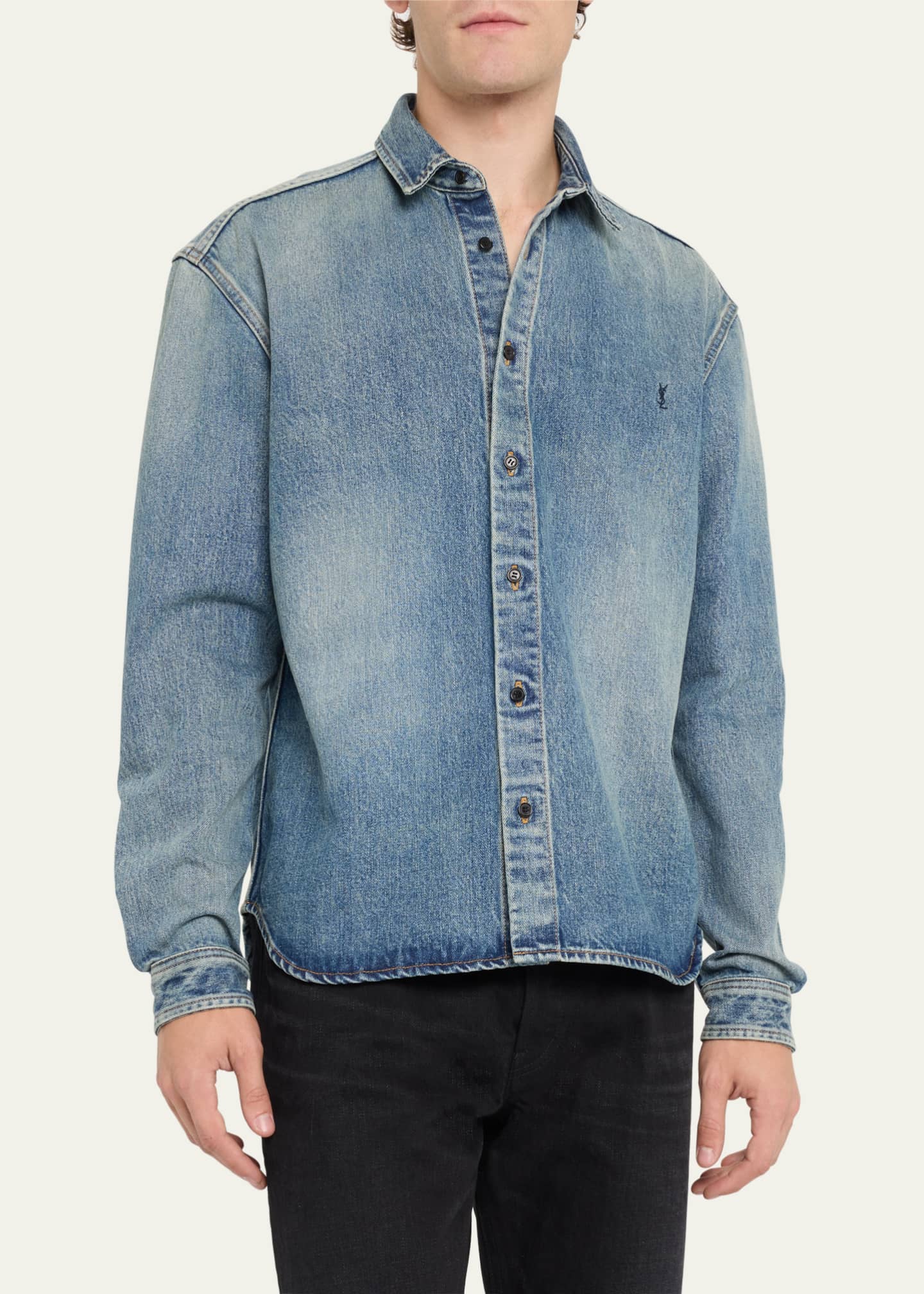 Saint Laurent Men's Denim Short-Sleeve Shirt