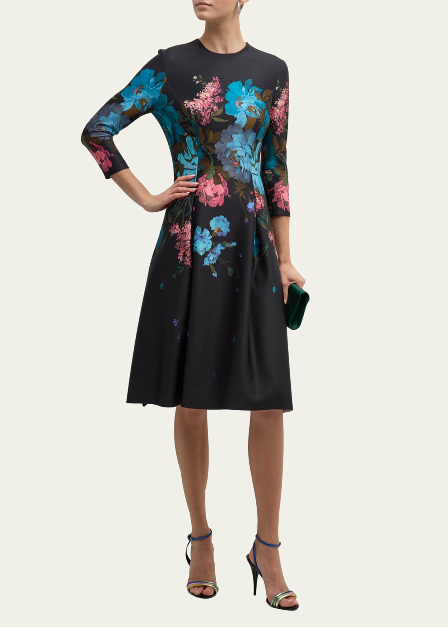 Rickie Freeman for Teri Jon Pleated Floral-Print Scuba Dress - Bergdorf ...