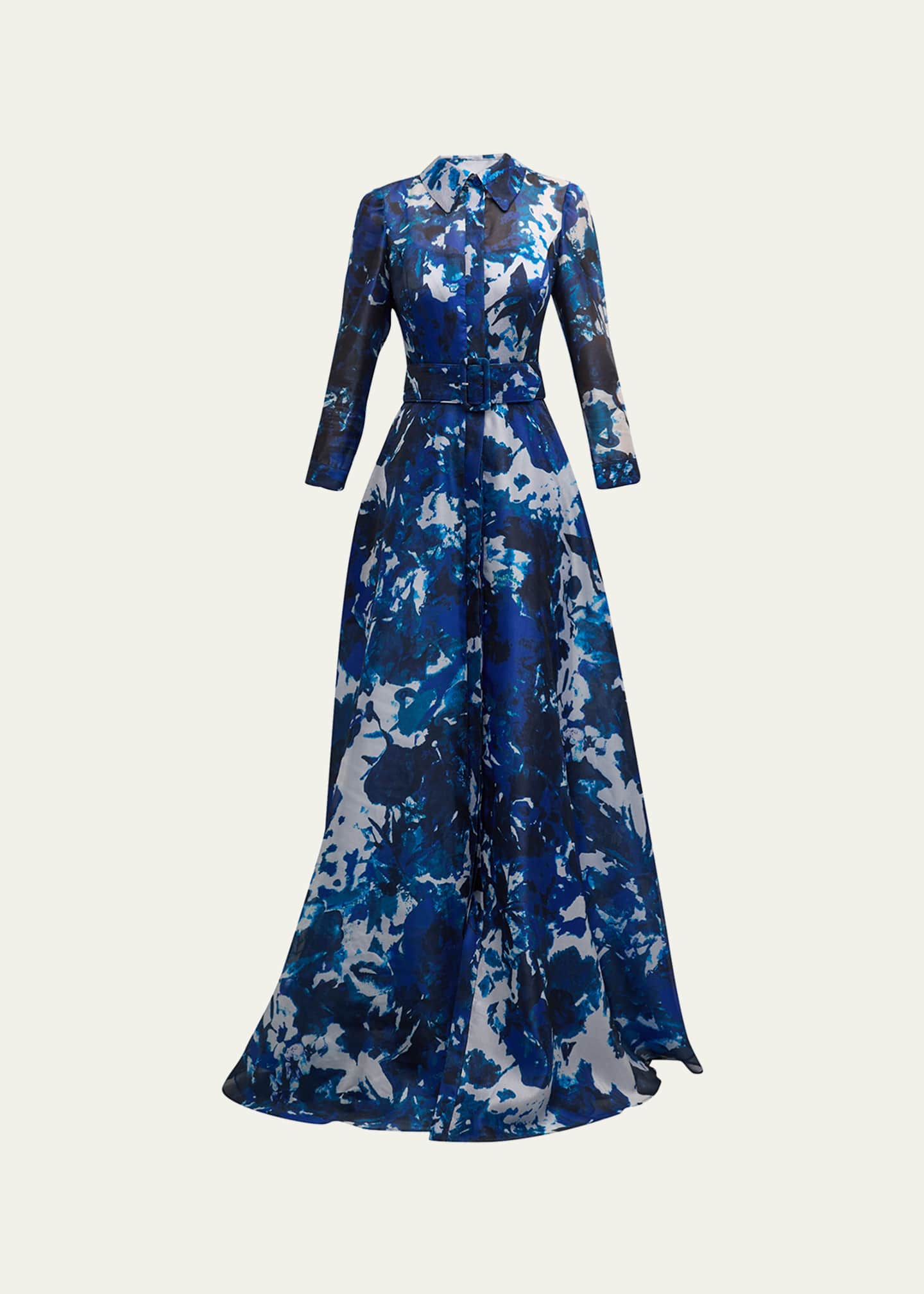 Rickie Freeman for Teri Jon Belted FloralPrint Organza Shirt Gown