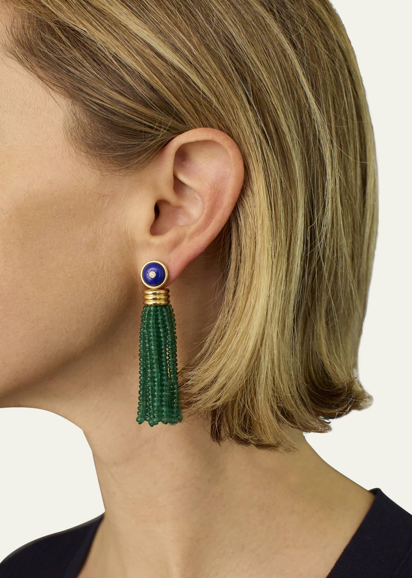 Sherman Field 1967 18K Yellow Gold Triple Tassel Emerald Rondelle Earrings with Lapis Lazuli and Diamond Studs Bergdorf Goodman