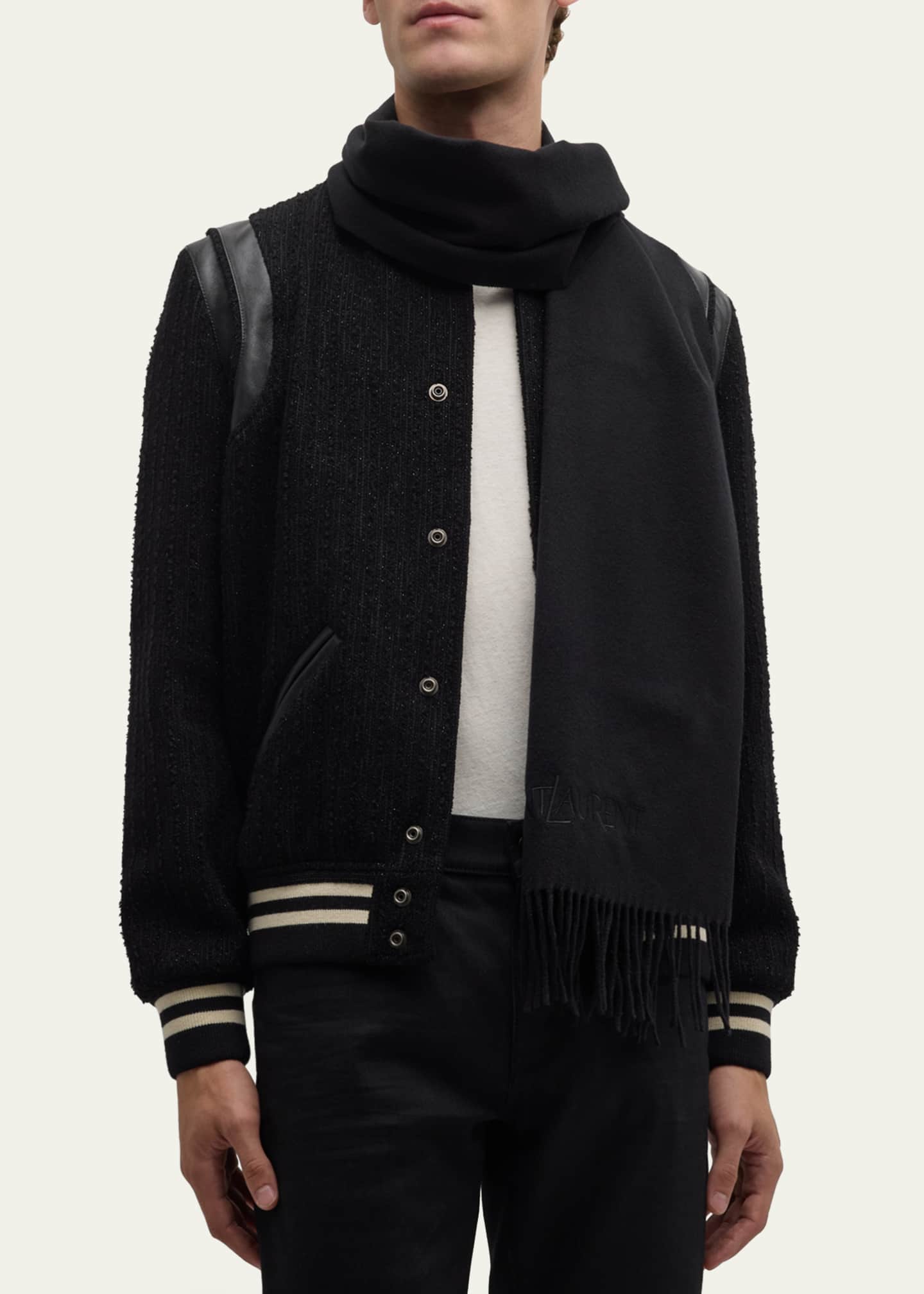Saint Laurent Men's Cashmere Embroidered Logo Scarf Image 2 of 4