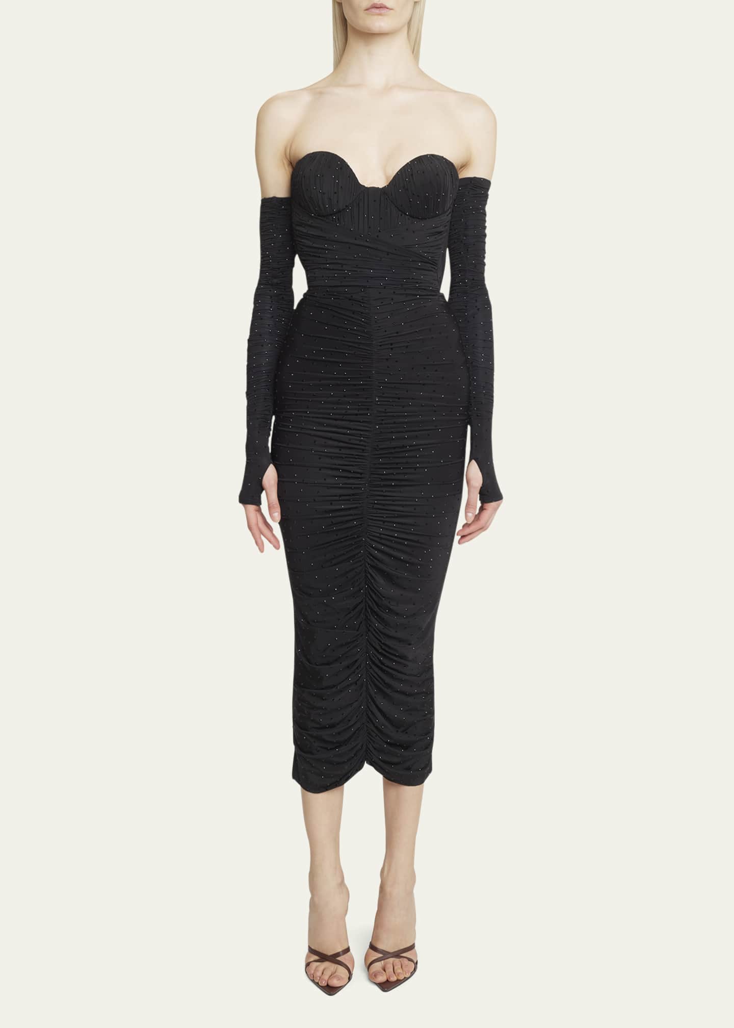 Alex Perry Crystal Strapless Ruched Midi Dress with Gloves - Bergdorf ...