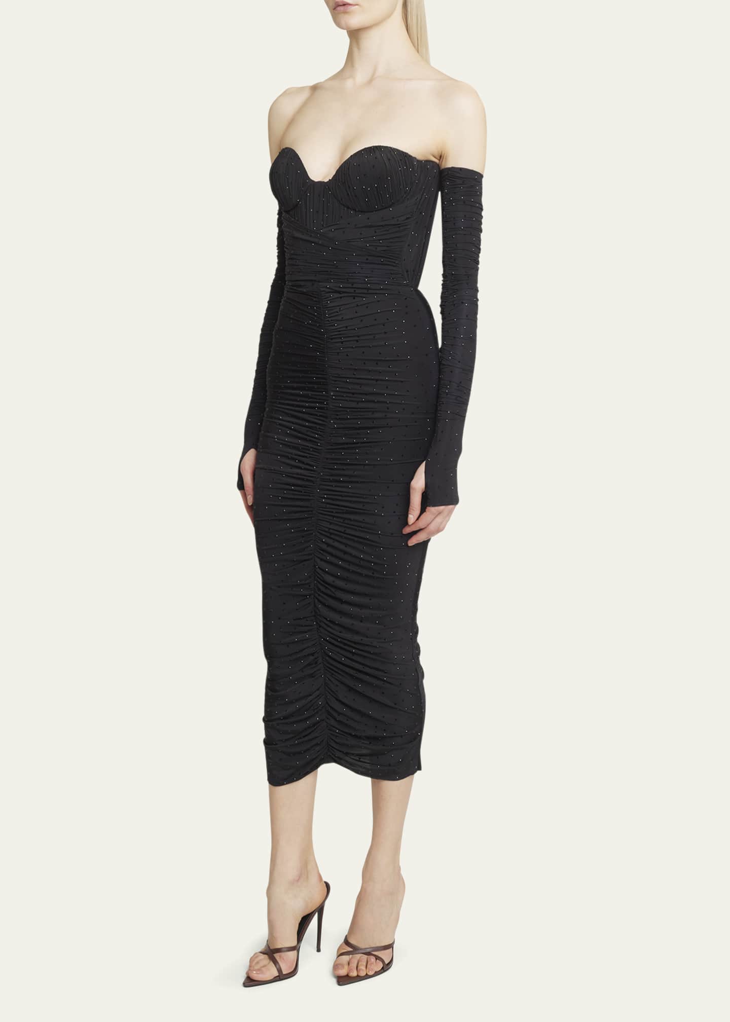 Alex Perry Crystal Strapless Ruched Midi Dress with Gloves - Bergdorf ...