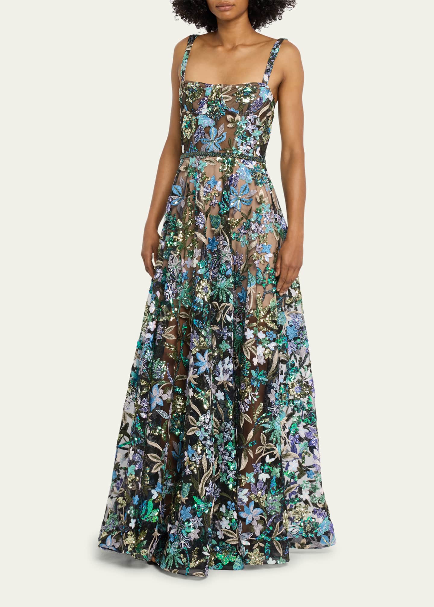 Bronx and Banco Midnight Tokyo Sequin Floral Embroidered Gown