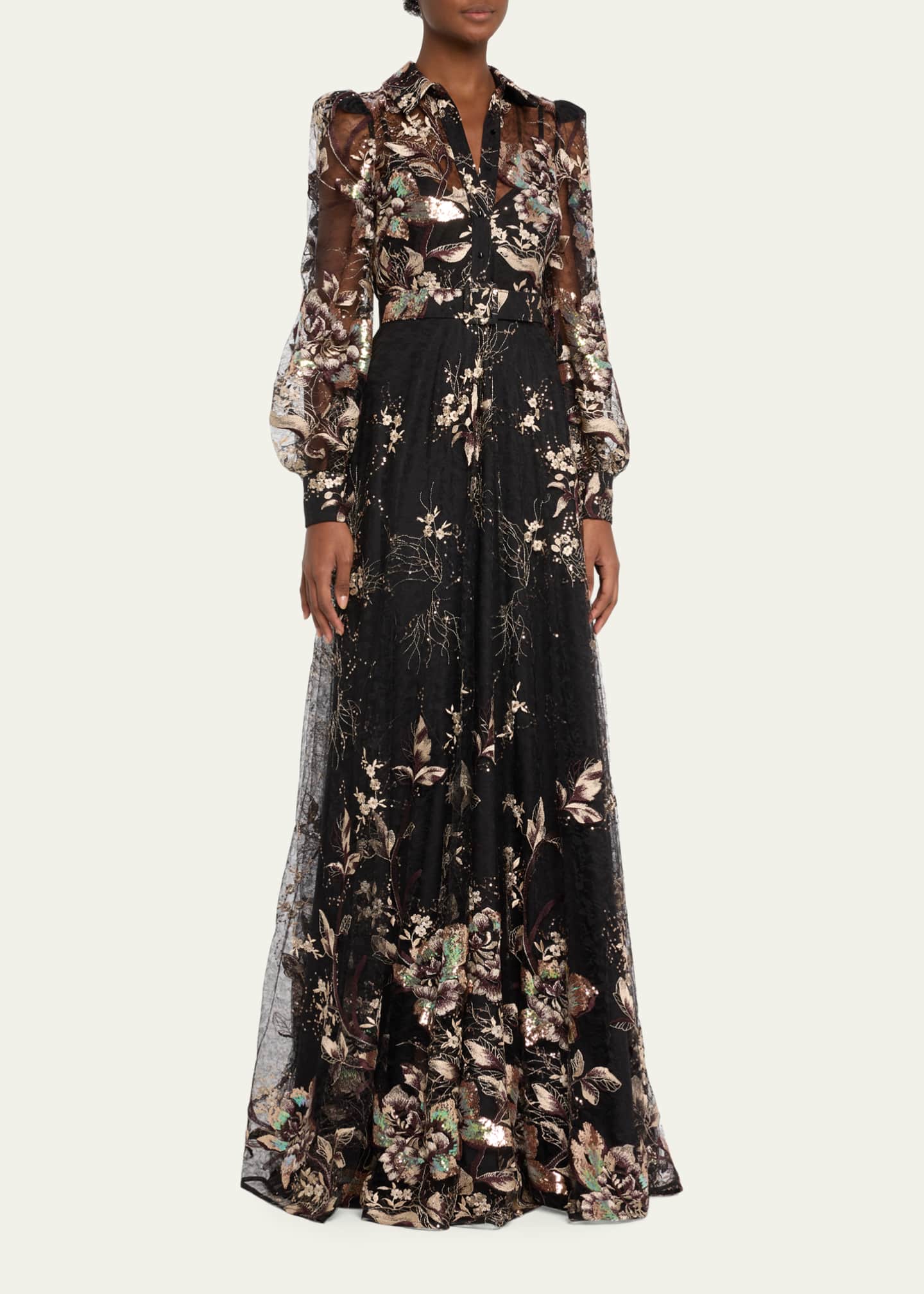 Badgley Mischka Collection Belted Embroidered Sequin Lace Shirt Gown