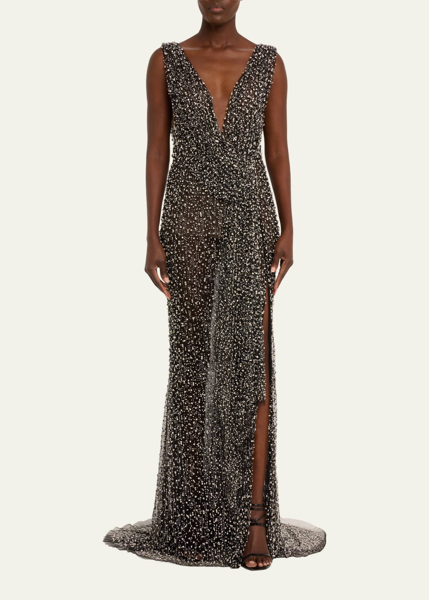 Marchesa Beaded Backless Gown with Slit - Bergdorf Goodman