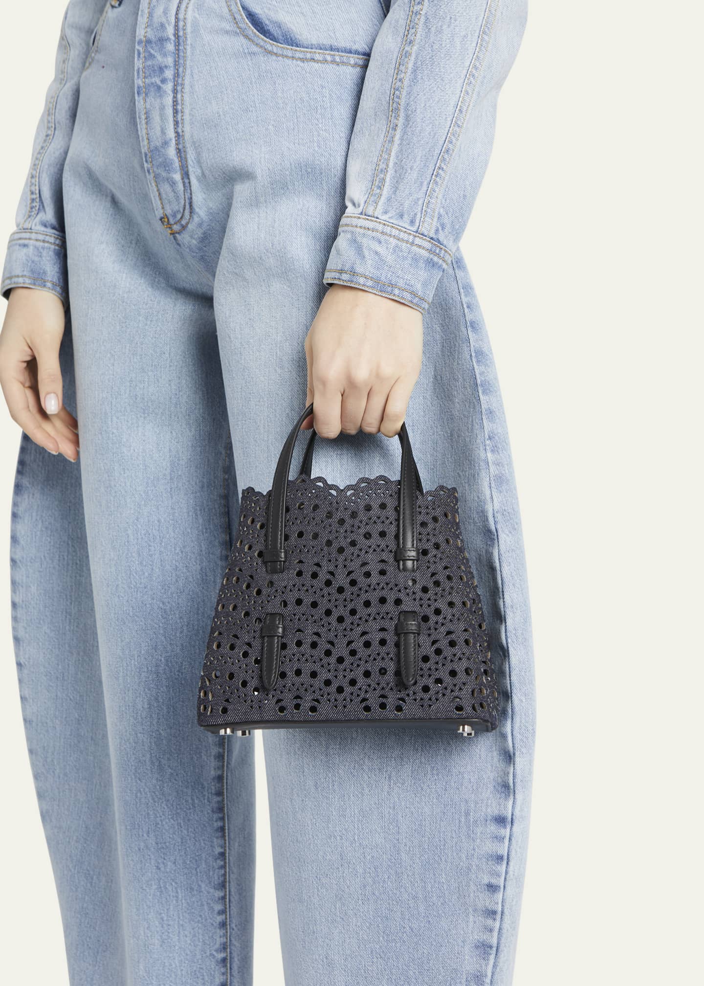 ALAIA Mina 20 Perforated Denim TopHandle Bag Bergdorf Goodman