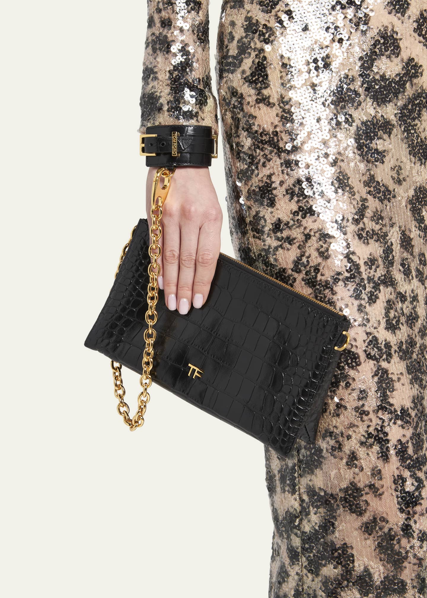 Black Croc Printed Gold Chains Shoulder Bags