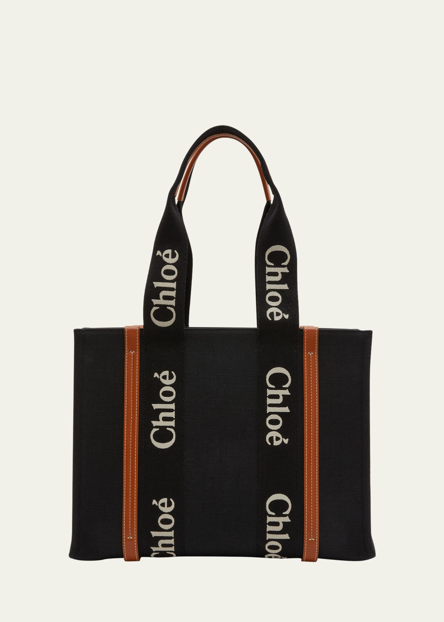 Chloe Woody Medium Linen and Leather Tote Bag