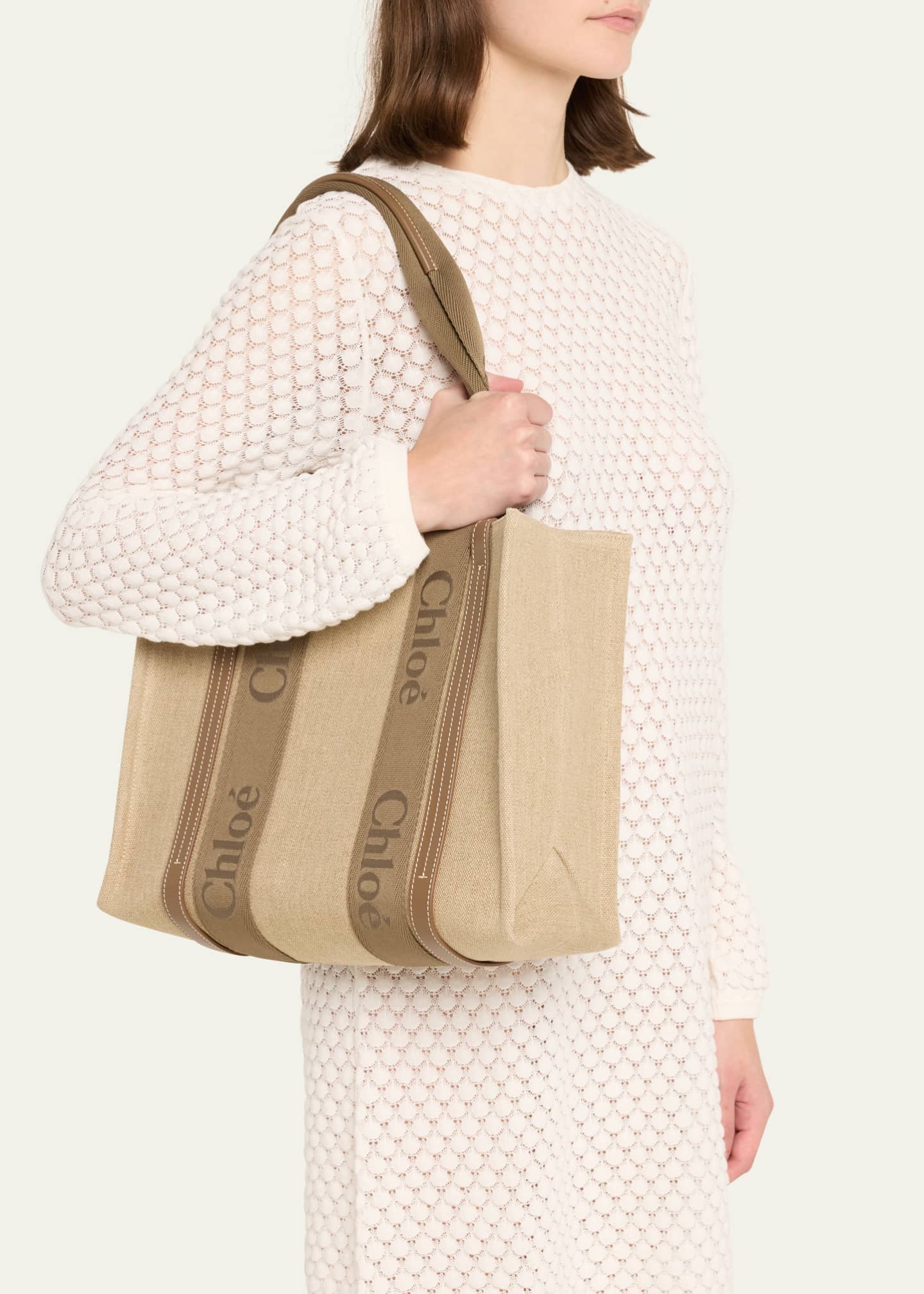 Chloe Woody Medium Tote Bag with Logo Webbing in Canvas Image 2 of 5