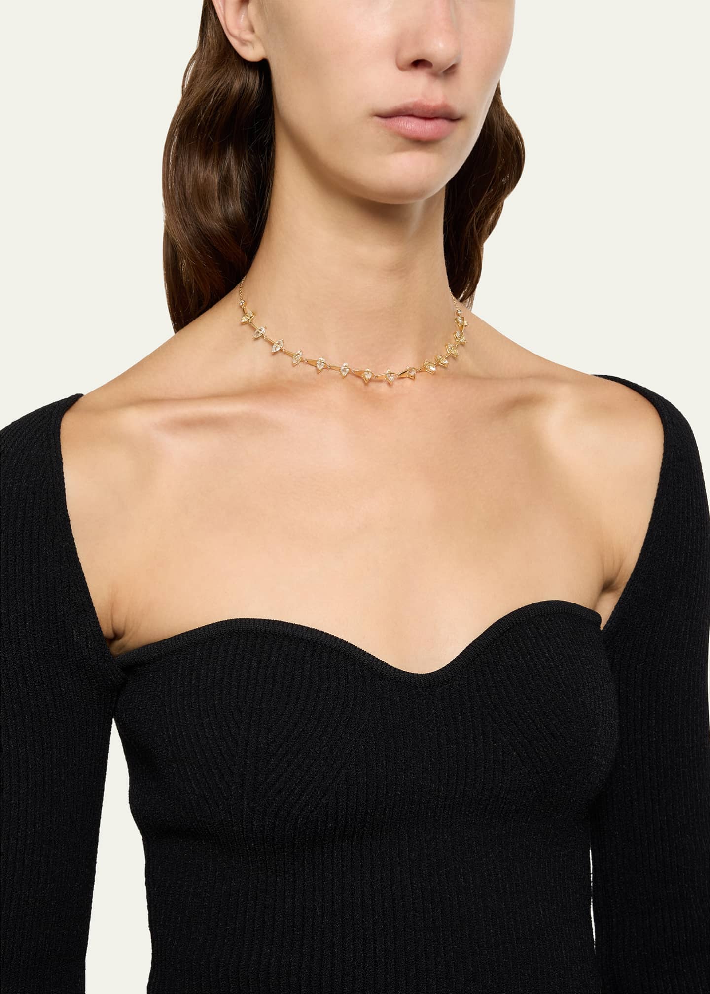 Katey Walker 18K Yellow Gold Pierced Pear Marquise White Topaz and Diamond Half Tennis Necklace Image 2 of 4