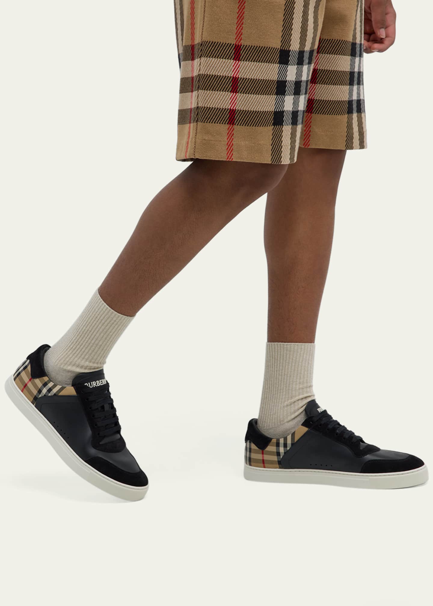 Burberry Men's Stevie Leather and Check Low-Top Sneakers Image 2 of 6