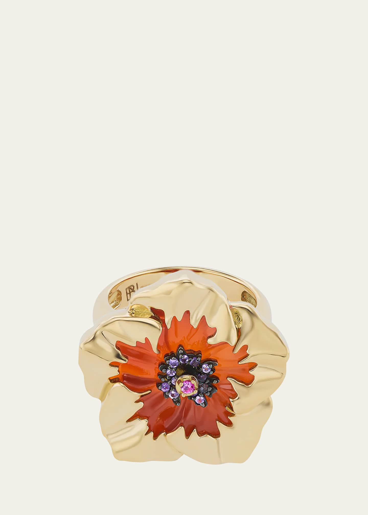 Brent Neale 18K Yellow Gold Carnelian Hibiscus Ring with Sapphire and Amethyst