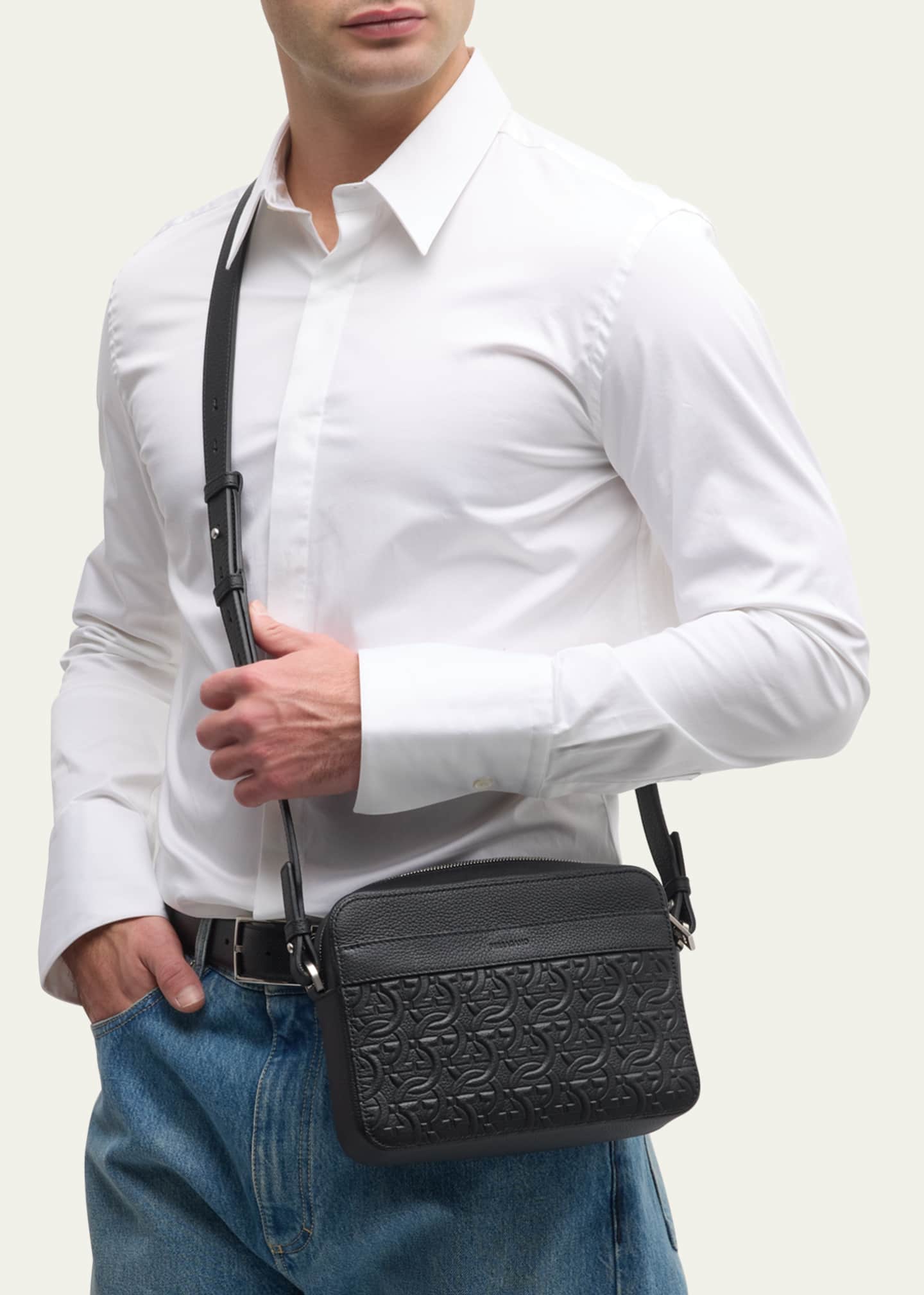 Ferragamo Men's Embossed Gancini Leather Crossbody Bag Image 2 of 6