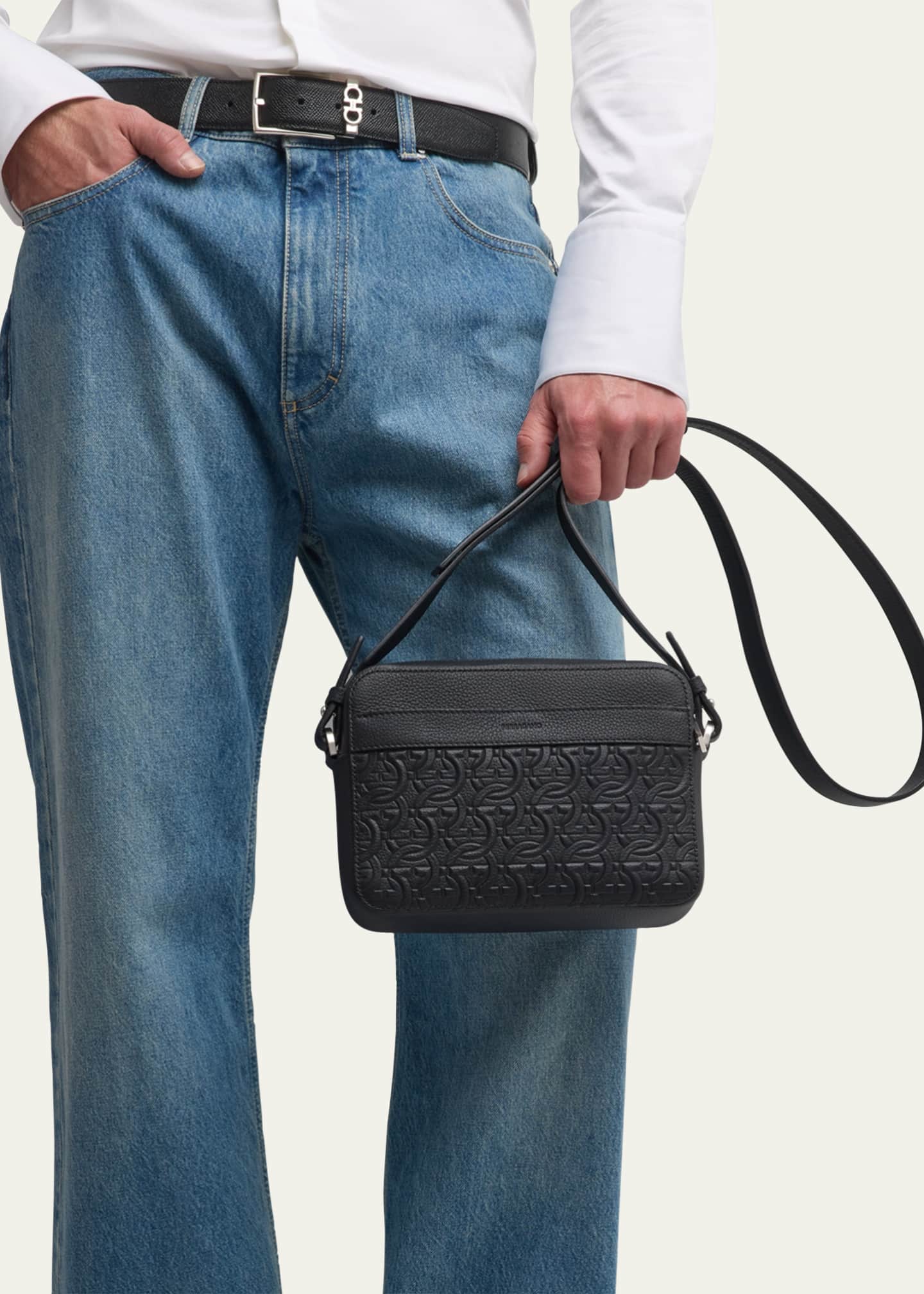 Ferragamo Men's Embossed Gancini Leather Crossbody Bag Image 6 of 6