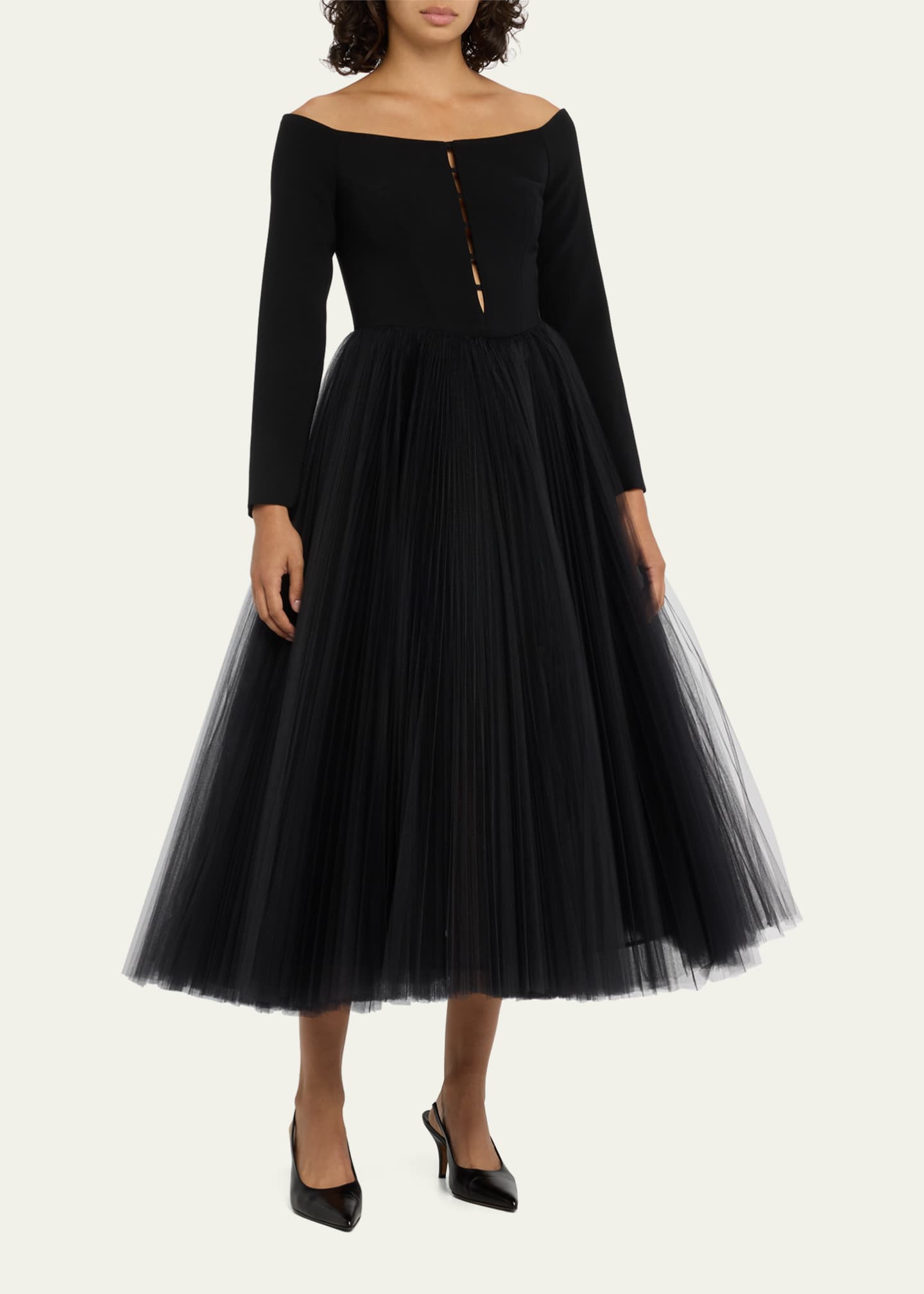 Carolina Herrera Off-Shoulder Cutout Pleated Skirt Midi Dress