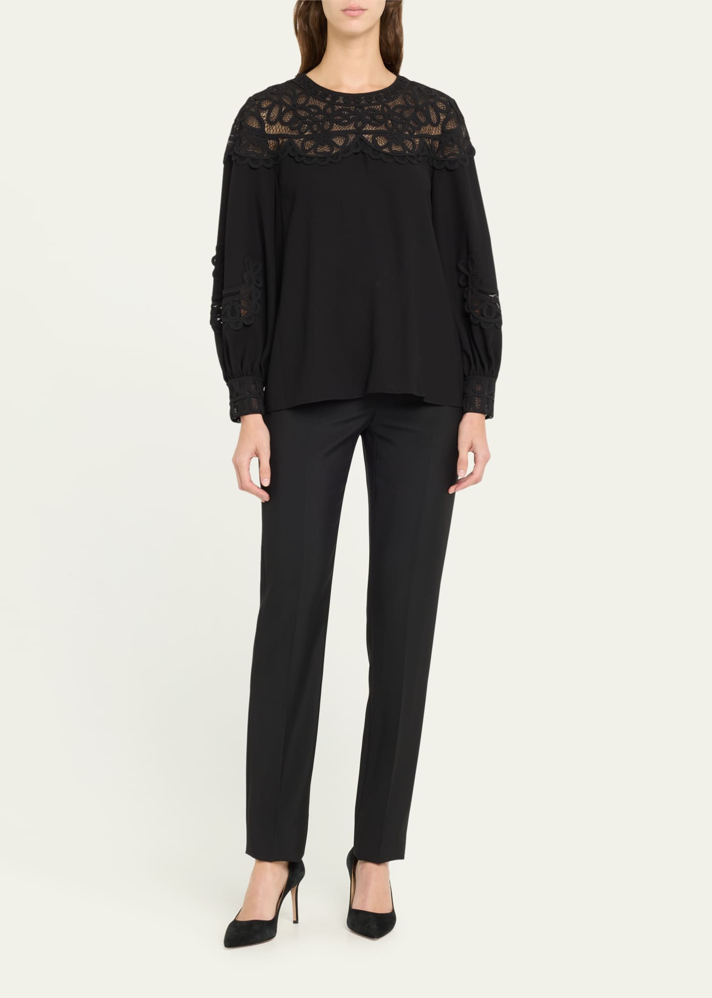 Carolina Herrera Embroidered Puff-Sleeve Top with Lace Panels ...