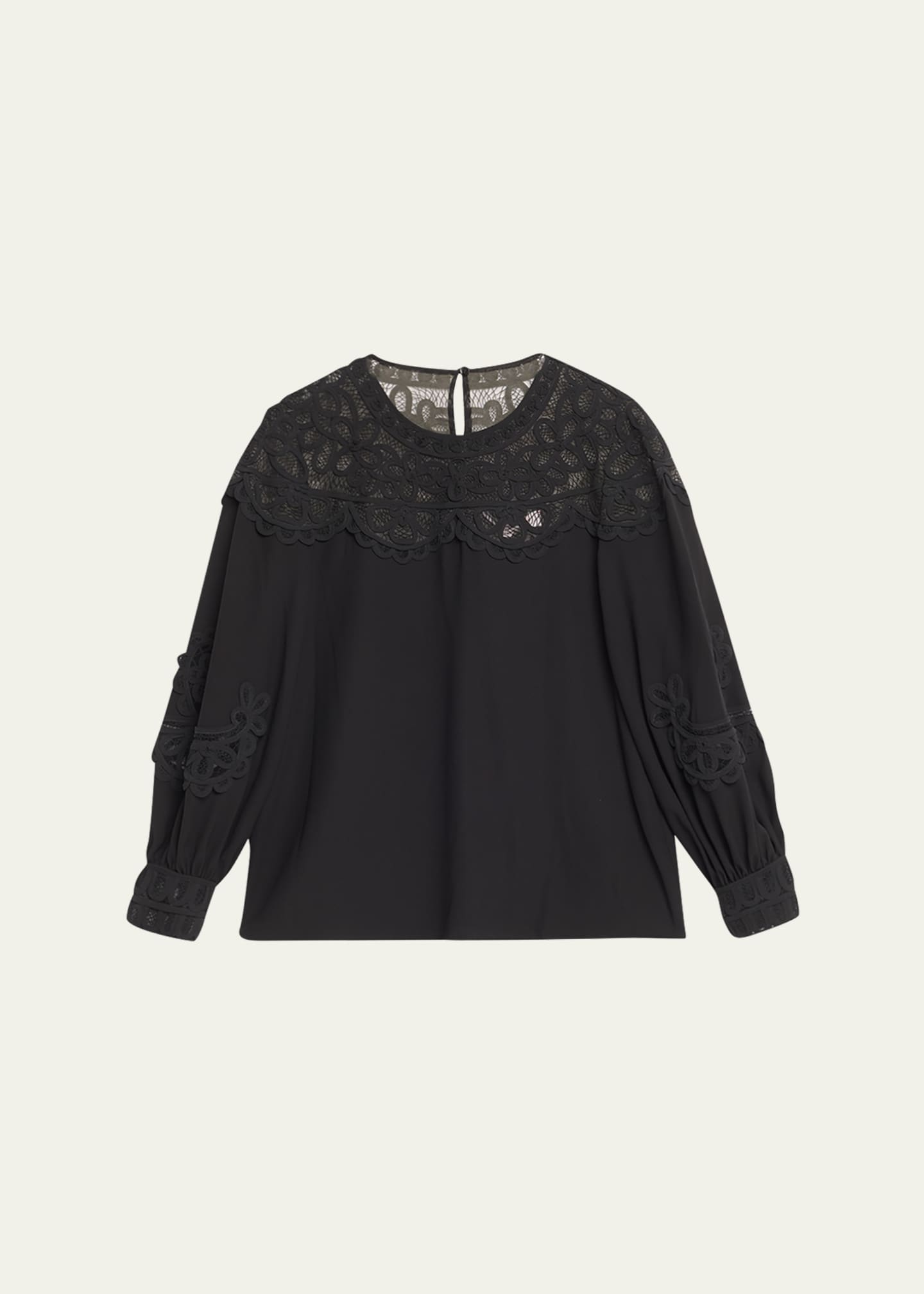 Carolina Herrera Embroidered Puff-Sleeve Top with Lace Panels ...