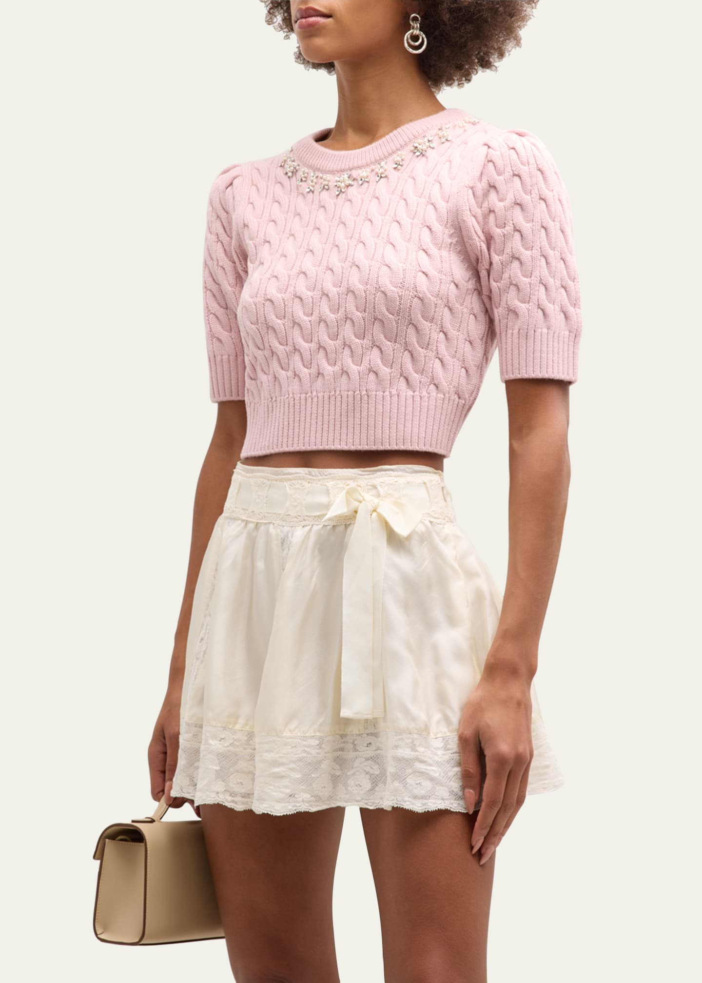 LoveShackFancy Chapelle Embellished CableKnit Wool Crop Sweater