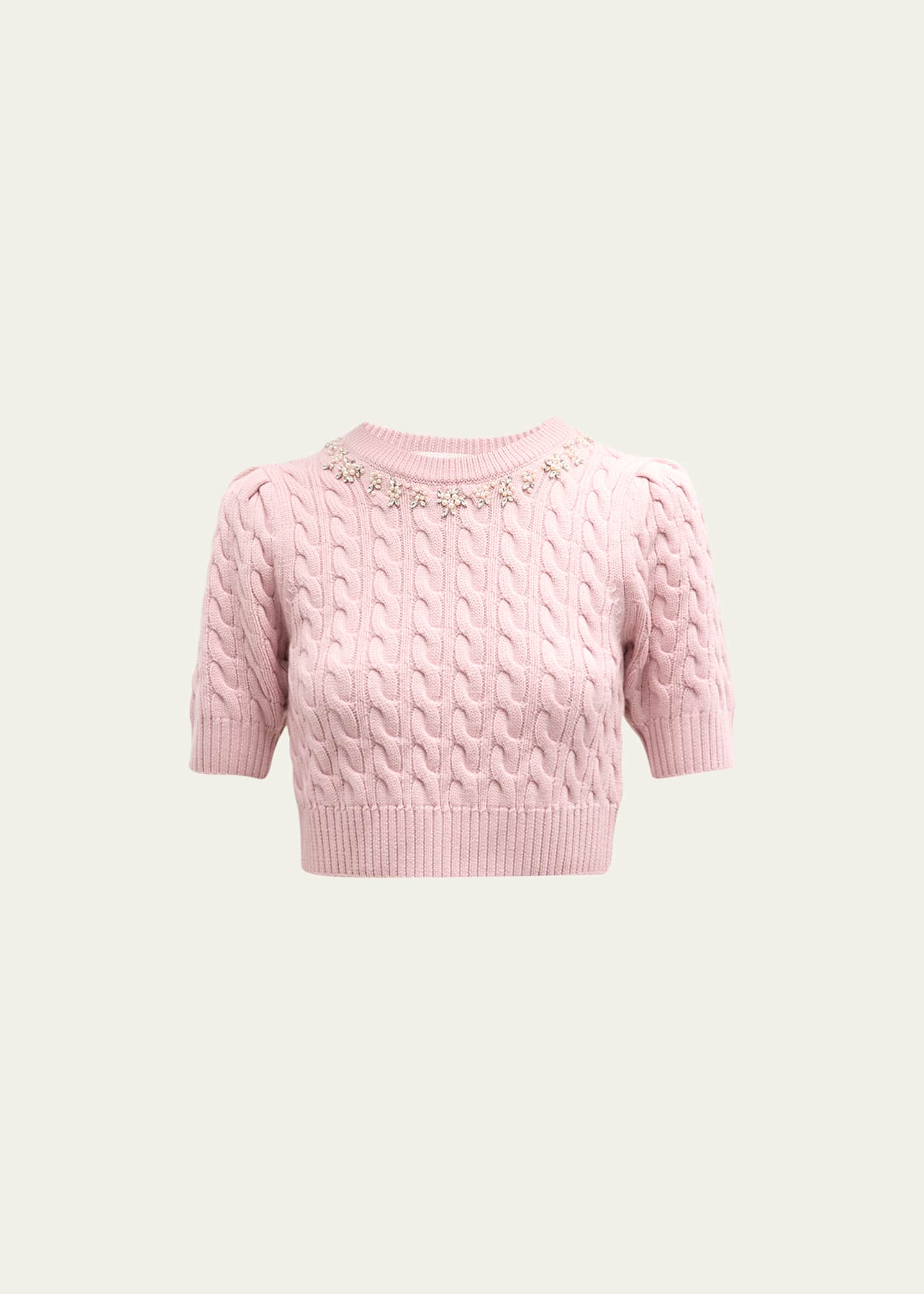 LoveShackFancy Chapelle Embellished CableKnit Wool Crop Sweater