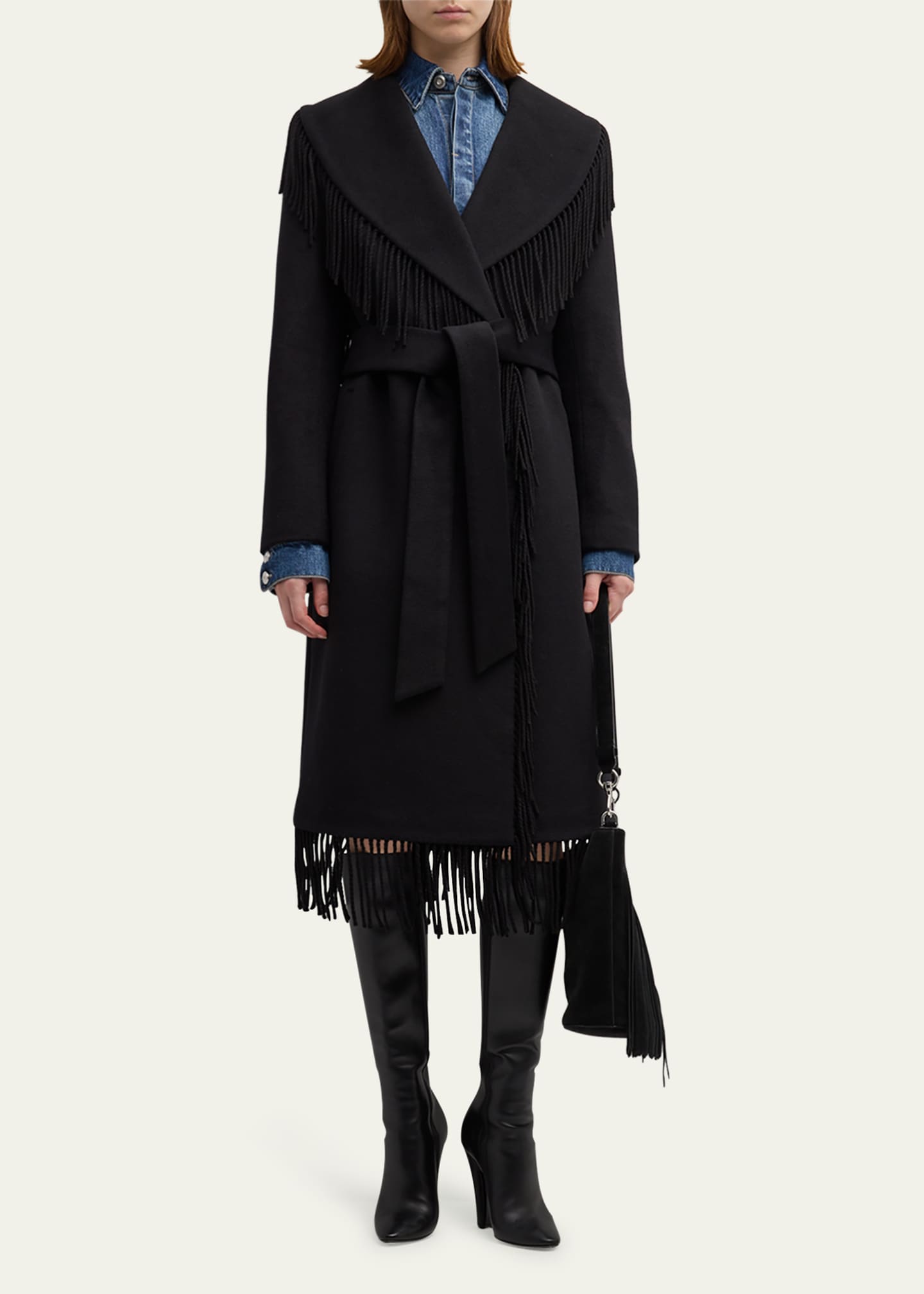 Milly Shawl Collar Fringe Wool Coat