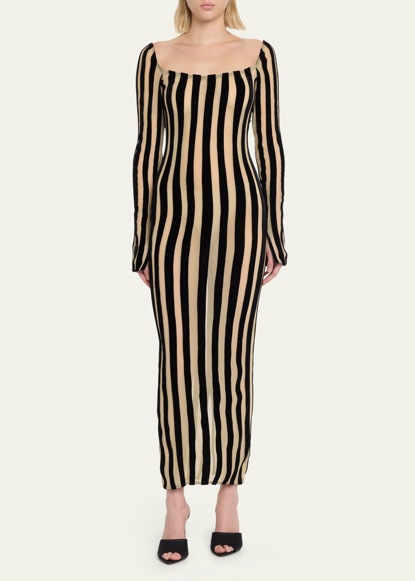 LaQuan Smith Sheer Striped Midi Dress