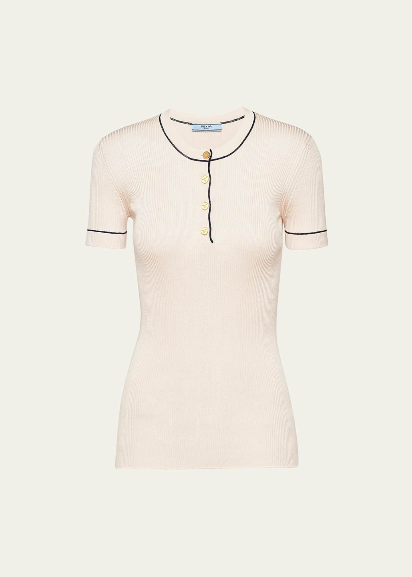 Prada Silk Knit Ribbed Shirt with Contrast Tipping Image 1 of 3