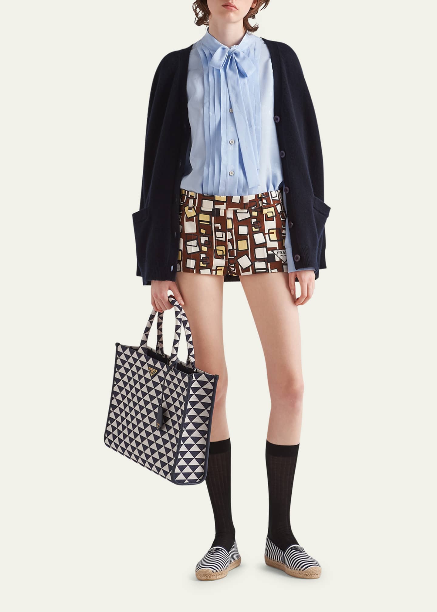 Prada Pleated Bib Logo Savoia Scarf-Neck Blouse Image 2 of 5