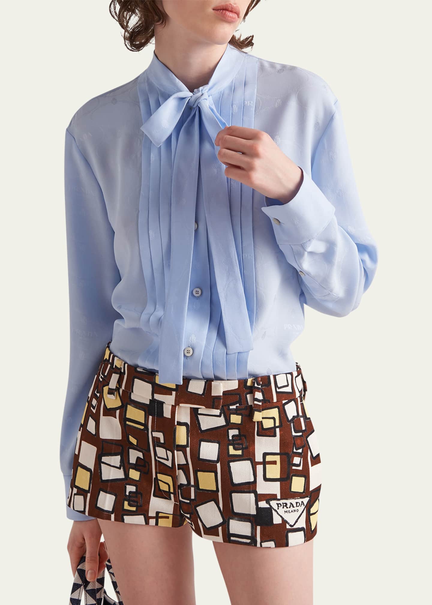 Prada Pleated Bib Logo Savoia Scarf-Neck Blouse Image 4 of 5