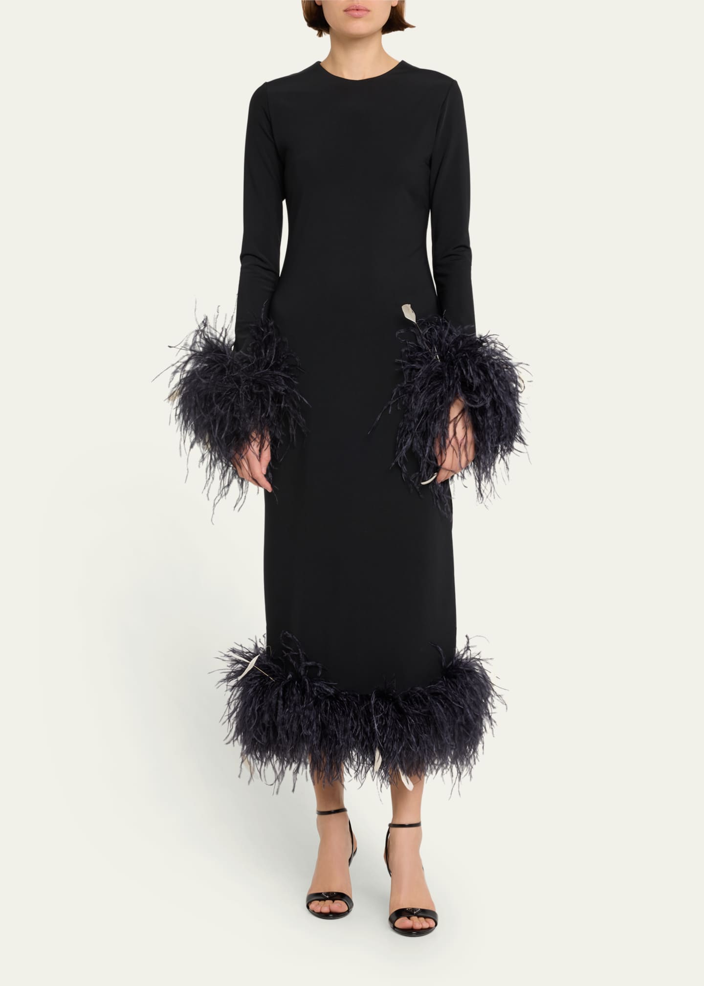 Markarian Aretha Long-Sleeve Feather-Trim Midi Dress - Bergdorf Goodman