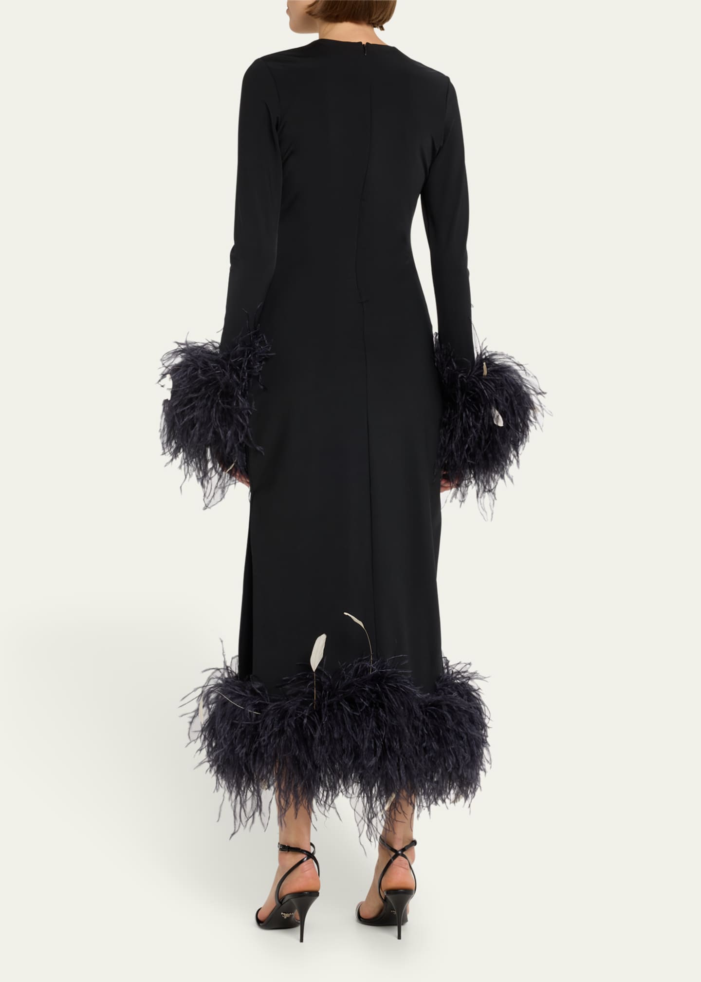 Markarian Aretha Long-Sleeve Feather-Trim Midi Dress - Bergdorf Goodman