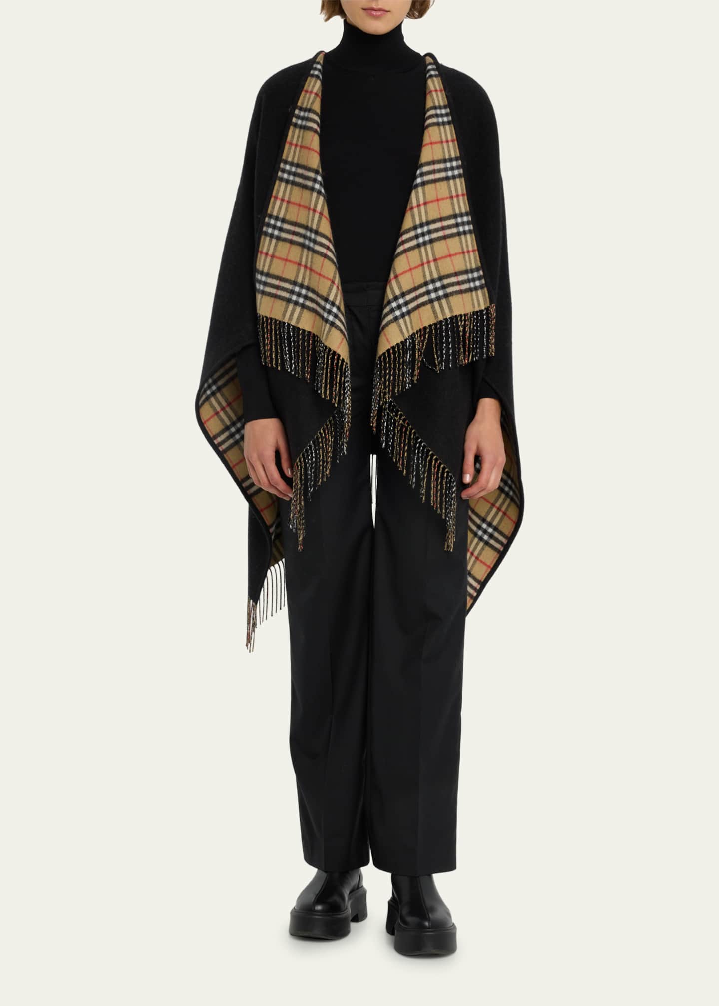 Burberry Vintage-Style Check Fringed Wool Cape Image 2 of 5
