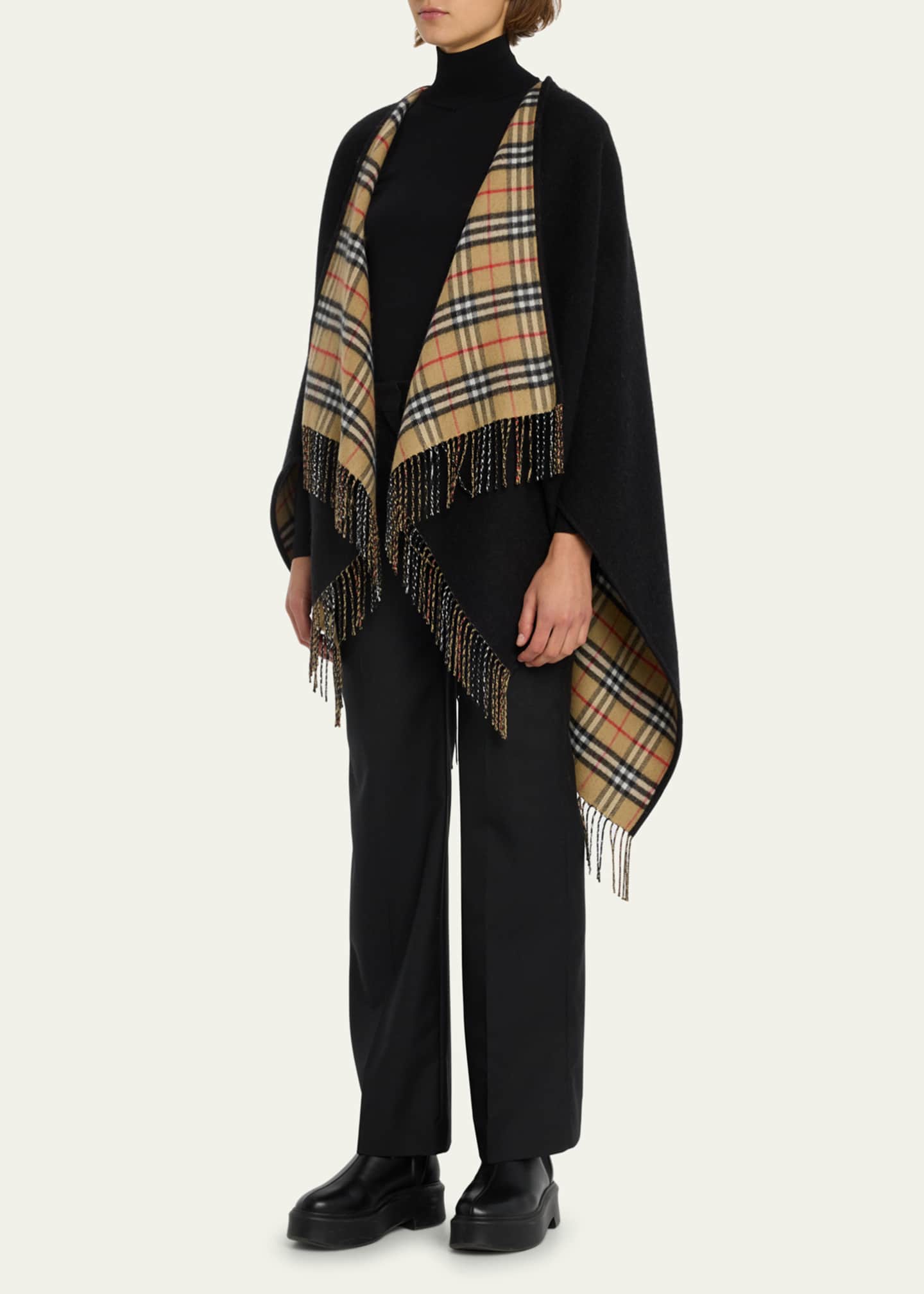 Burberry Vintage Style Check Fringed Wool Cape