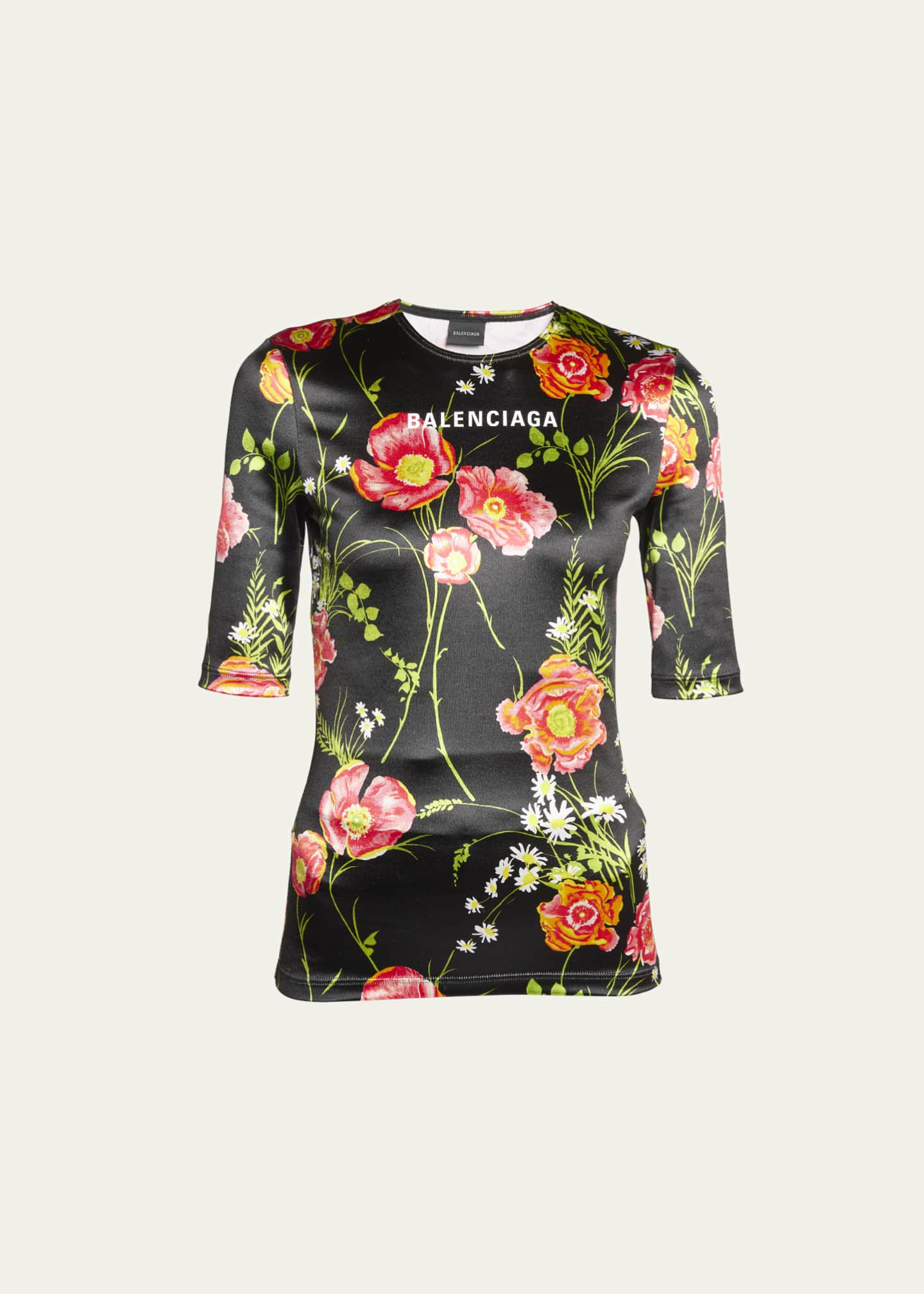 Balenciaga Logo Floral Print 3 4 Sleeve Fitted Top