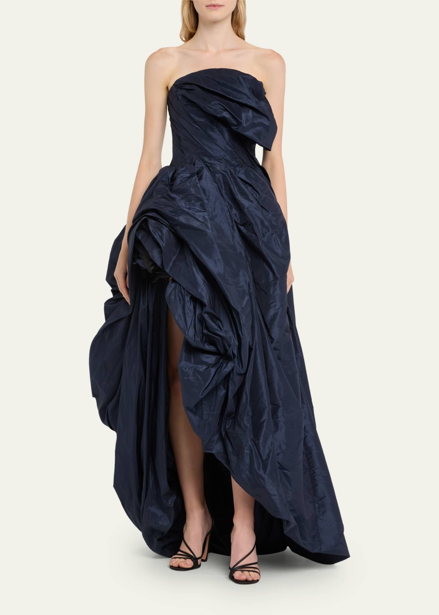 Oscar de la Renta Strapless Rosette Slit Draped Taffeta Gown Bergdorf Goodman