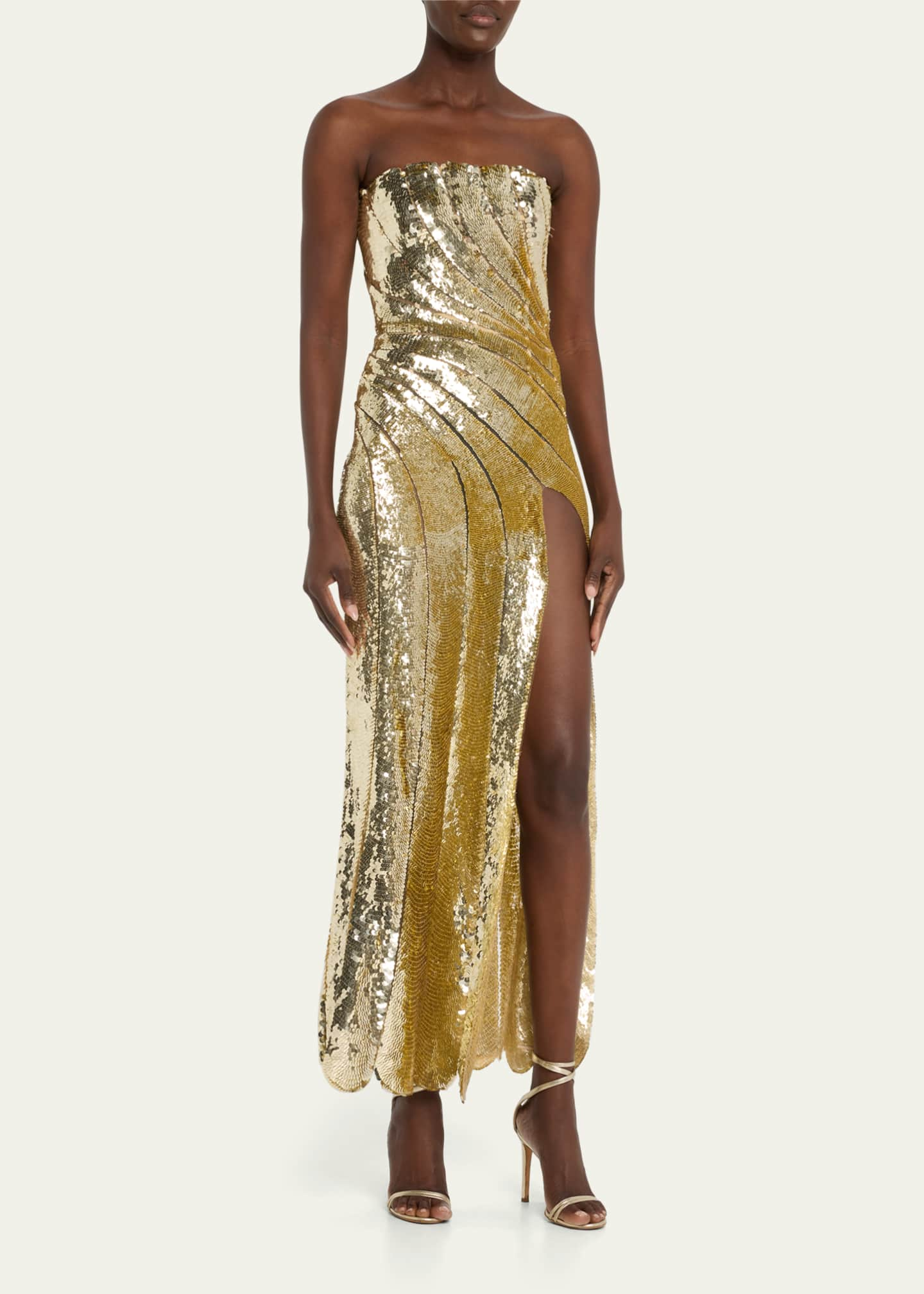 Oscar de la Renta Strapless Sequined Wave Scallop Dress