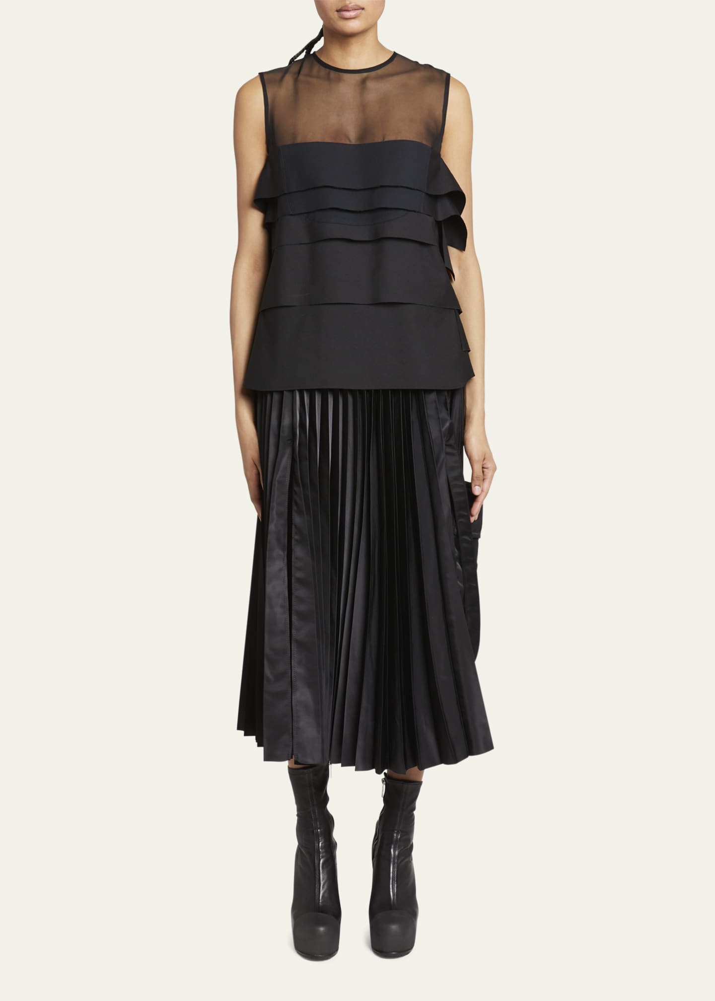 SACAI Sleeveless Sheer-Yoke Ruffle Top - Bergdorf Goodman