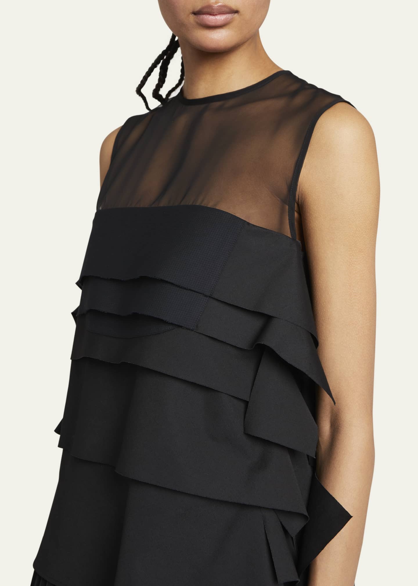 SACAI Sleeveless Sheer-Yoke Ruffle Top - Bergdorf Goodman