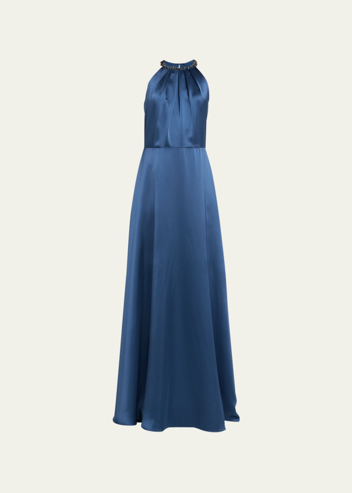 Rickie Freeman for Teri Jon Pleated Jewel Embellished Halter Gown