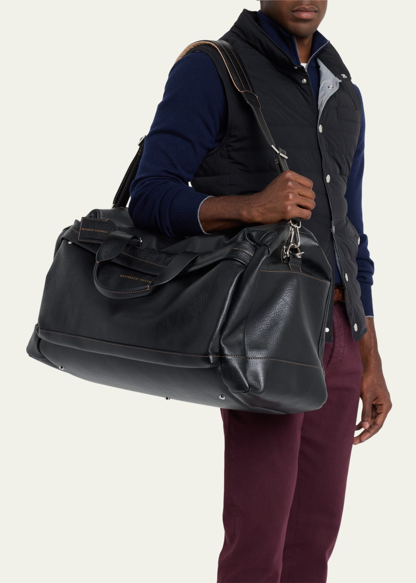 Brunello Cucinelli Men's Grained Calfskin Travel Duffel Bag Image 2 of 5