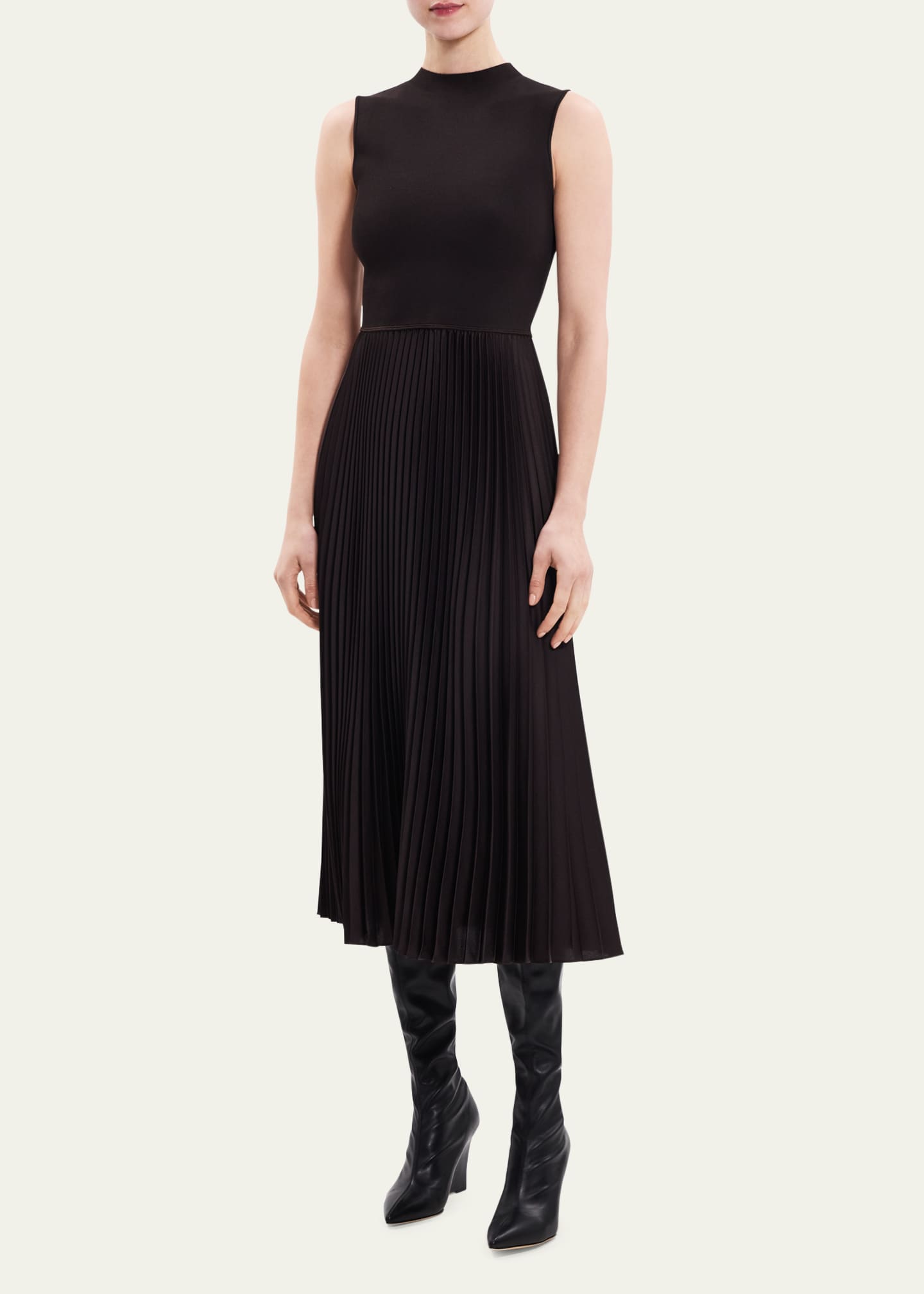 Theory Sleeveless Satin Pleated Combo Midi Dress - Bergdorf Goodman