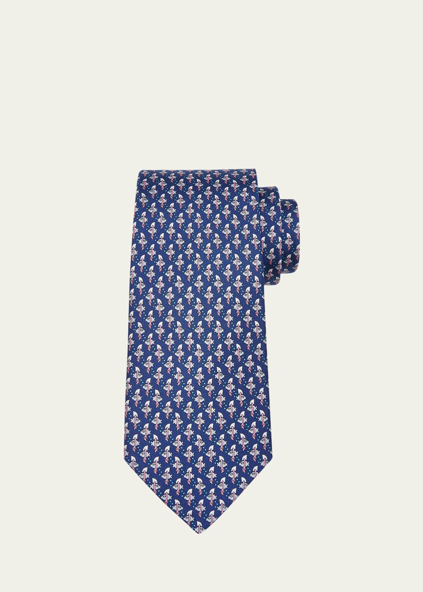 Fishing Necktie. Fish Hook Men's Tie. playing Hooky Blue Silk Necktie.  Silkscreened Dove Gray Print. 