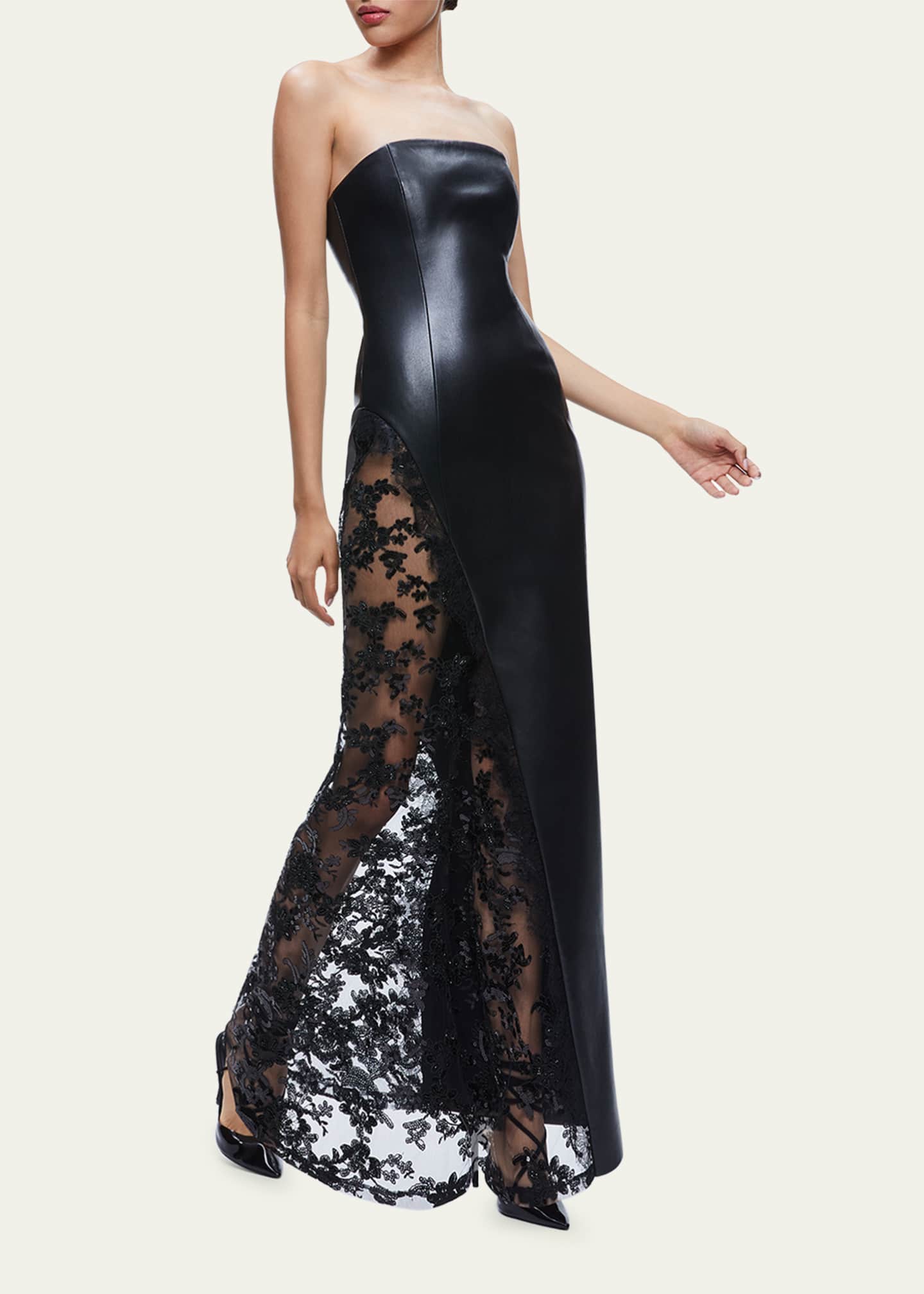 ALICE + OLIVIA Retha Strapless Vegan Leather Lace Maxi Dress