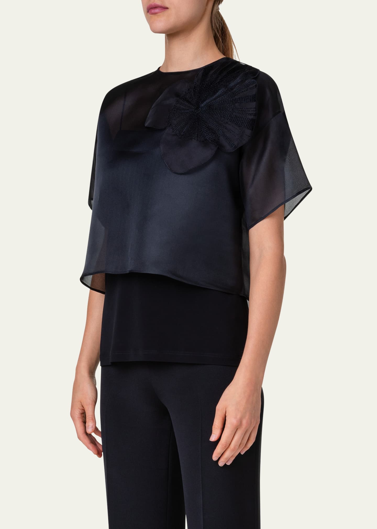 Akris Organza Cropped Blouse with Poppy Patch - Bergdorf Goodman