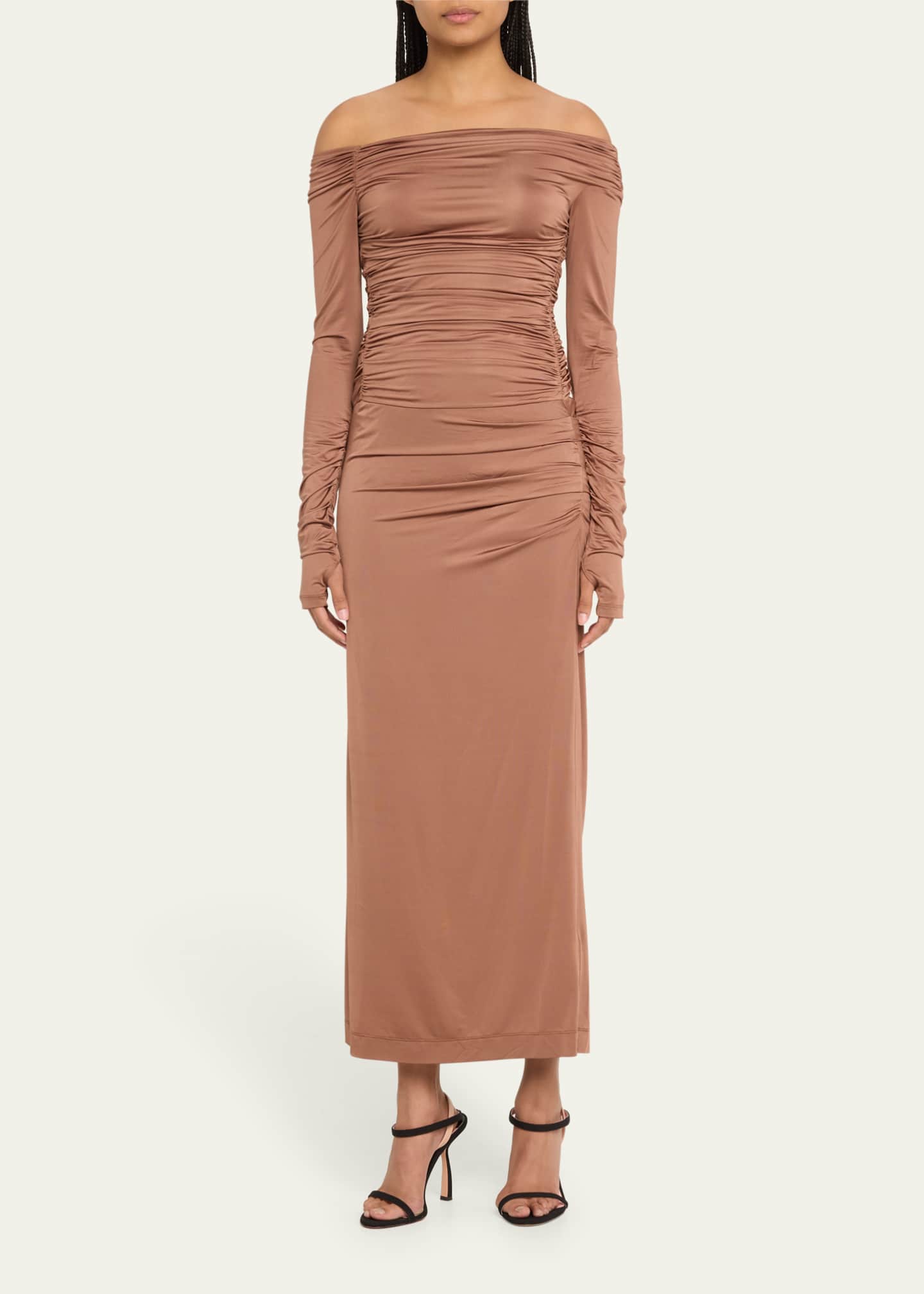 Helmut Lang Ruched Long-Sleeve Jersey Maxi Dress