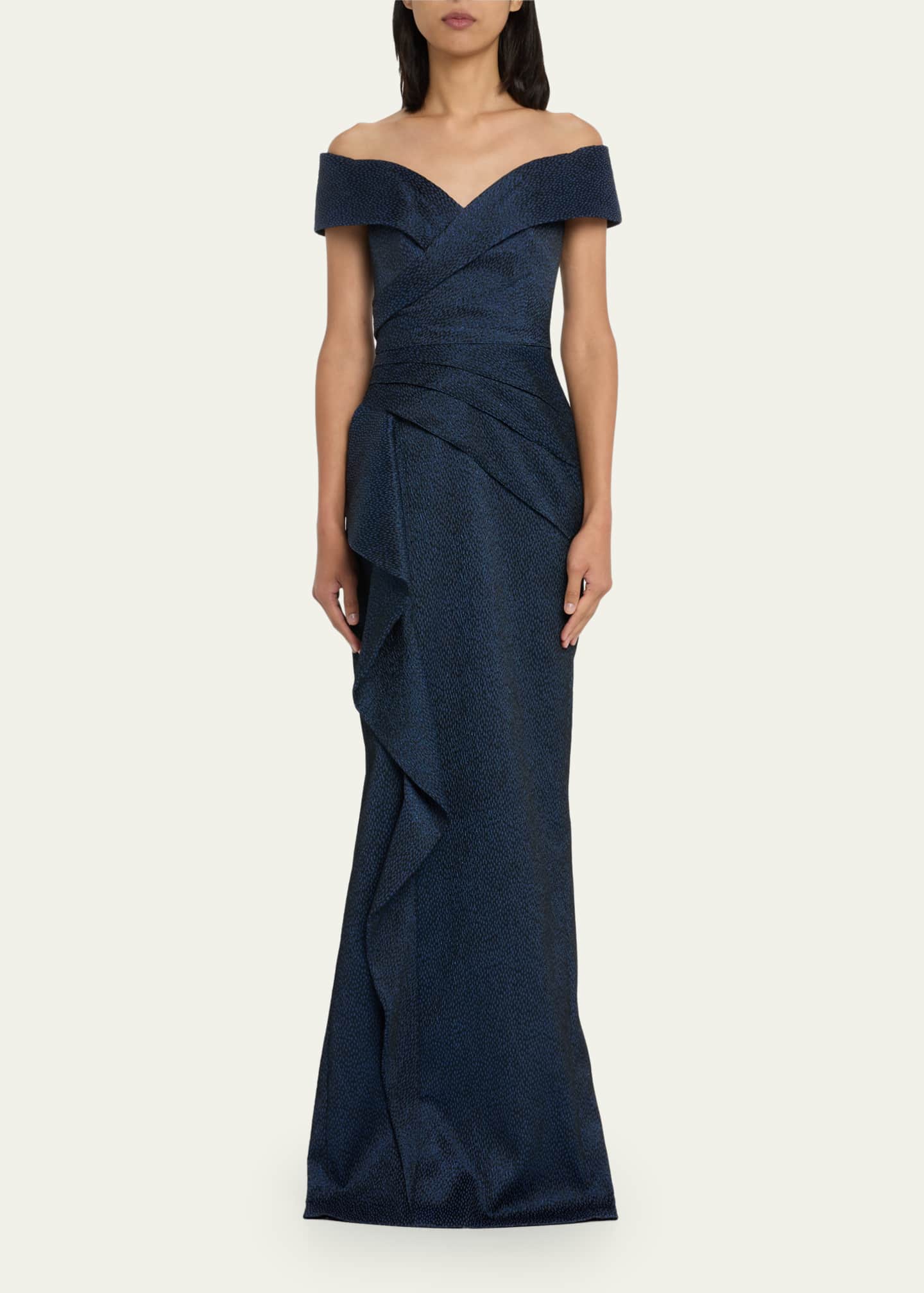 Rickie Freeman for Teri Jon OffShoulder Ruffle Jacquard Column Gown