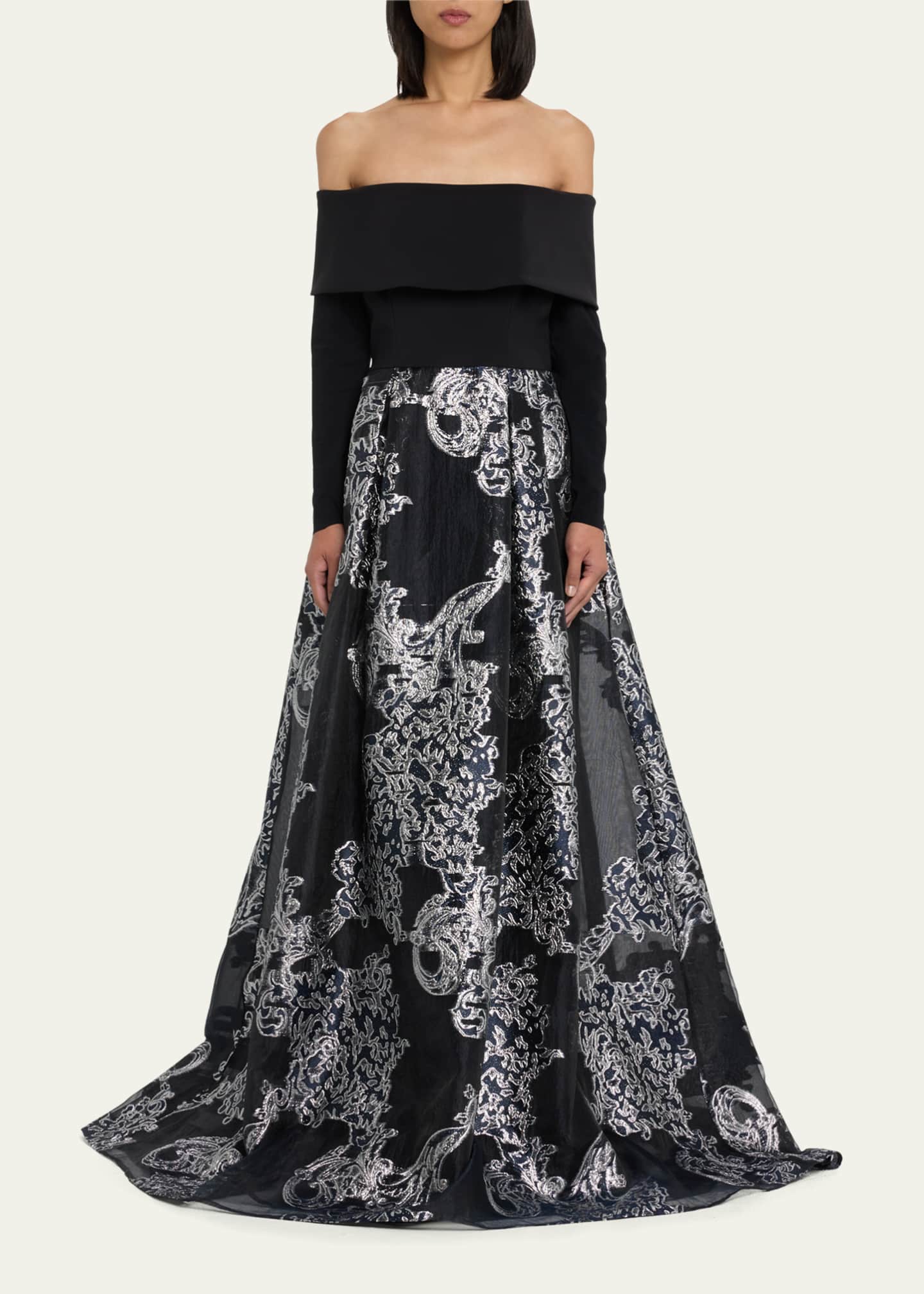 Rickie Freeman for Teri Jon Pleated Off Shoulder Metallic Jacquard